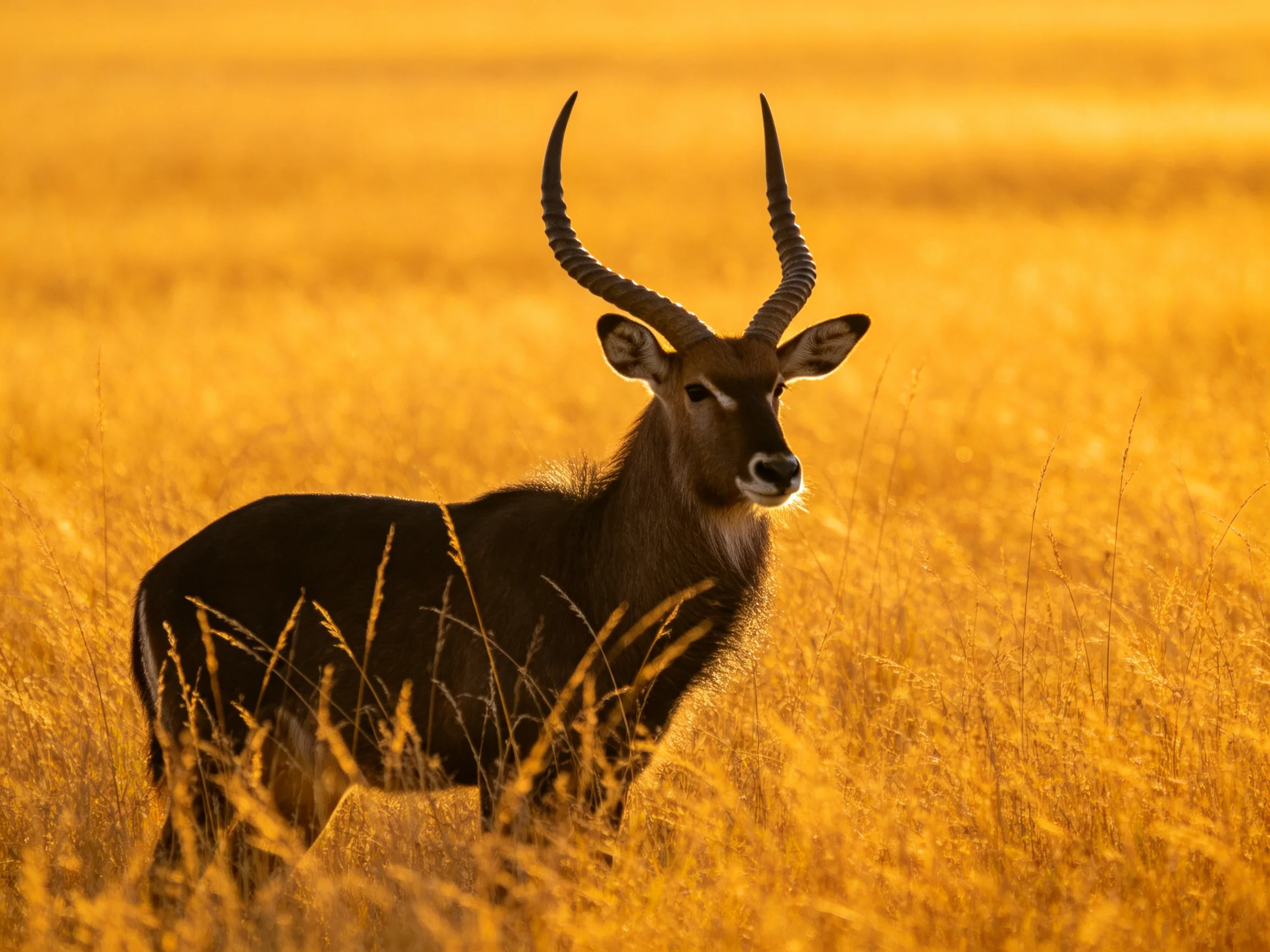 A dark-colored antelope with curved horns in golden grassland