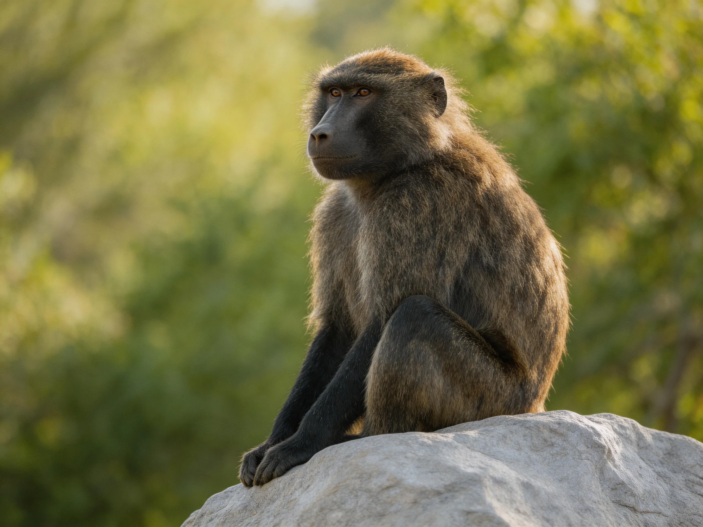 A dark-faced monkey sits on a large gray rock amid greenery