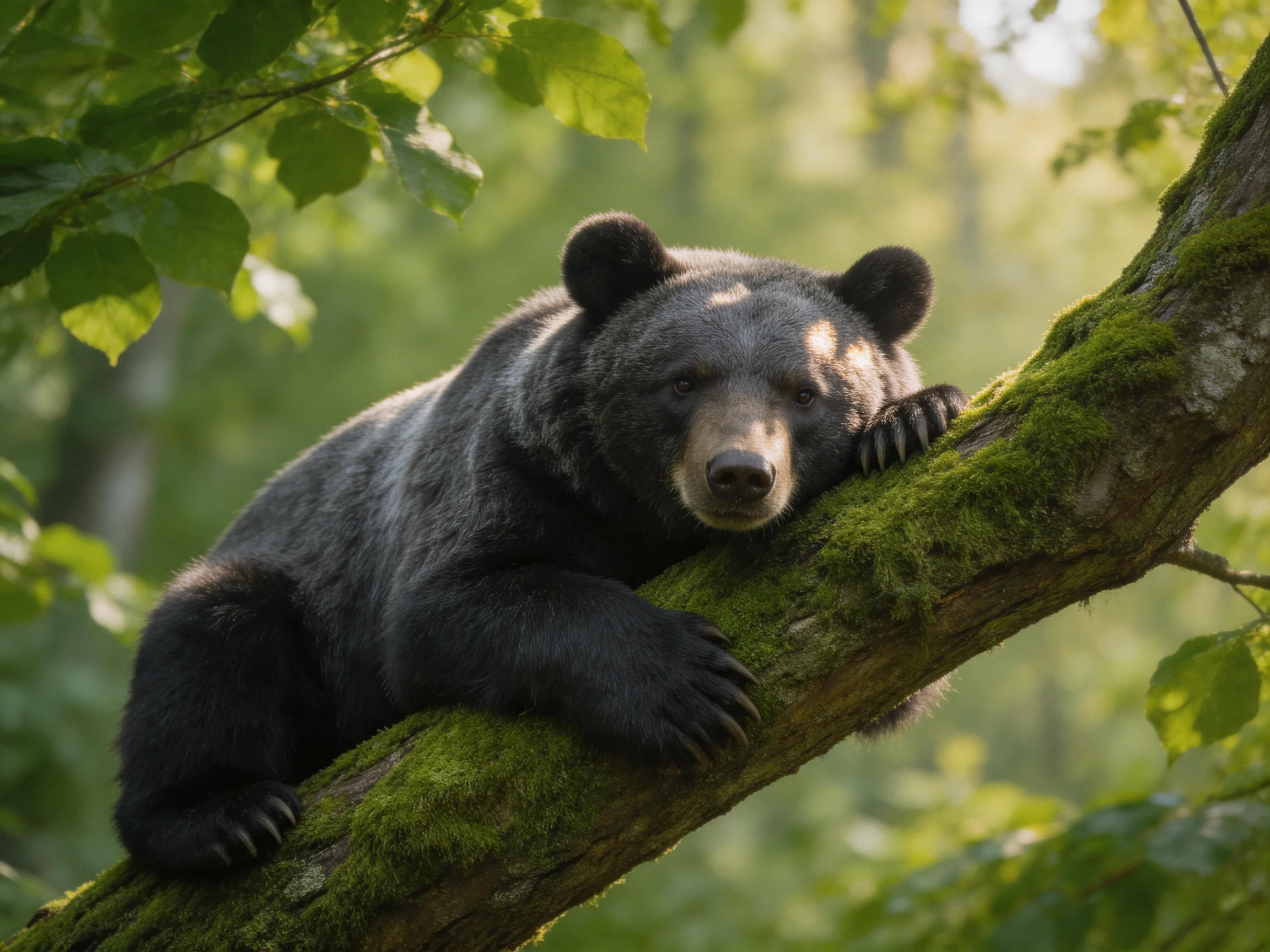 A dark-furred bear relaxes on a mossy tree branch in a sunlit forest