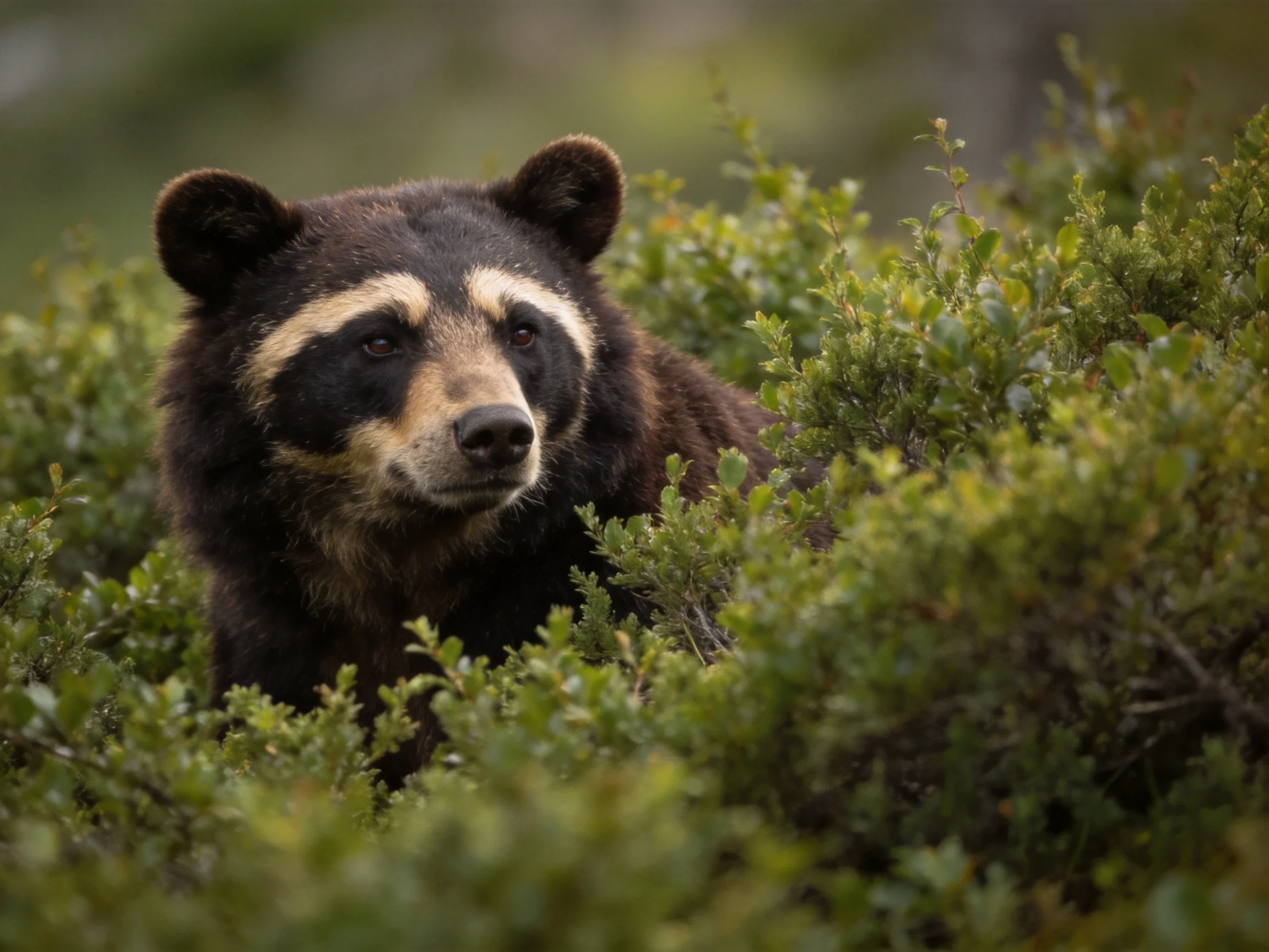 A dark-furred bear with tan facial markings in dense green shrubs