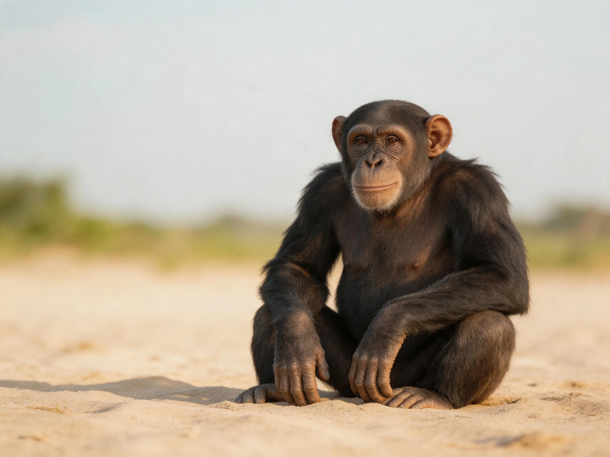 A dark-furred chimp sits on sandy ground with blurred greenery behind