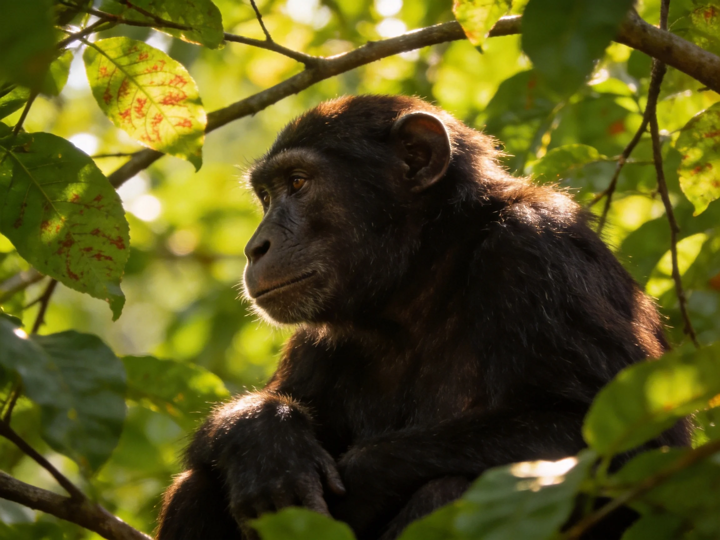 A dark-furred chimpanzee sits among lush green leaves in dappled sunlight