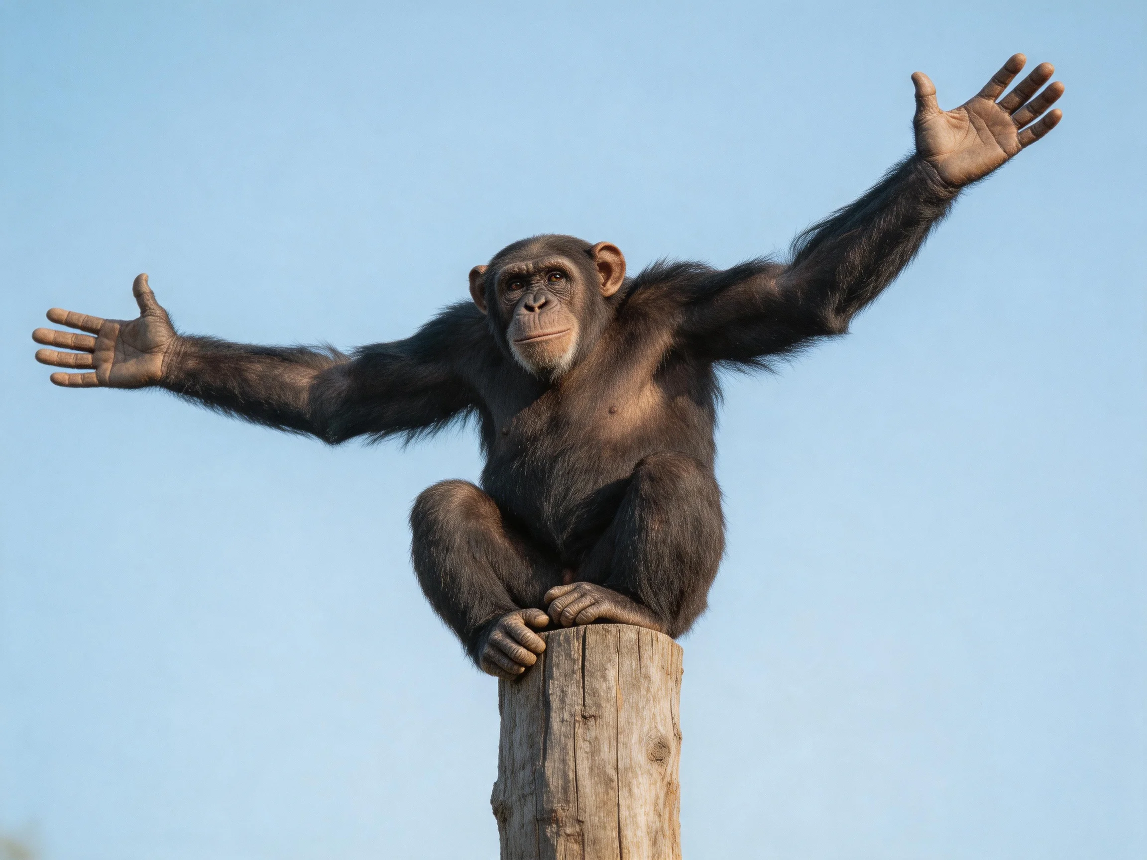 A dark-furred chimpanzee sits on a wooden post with outstretched arms under blue sky