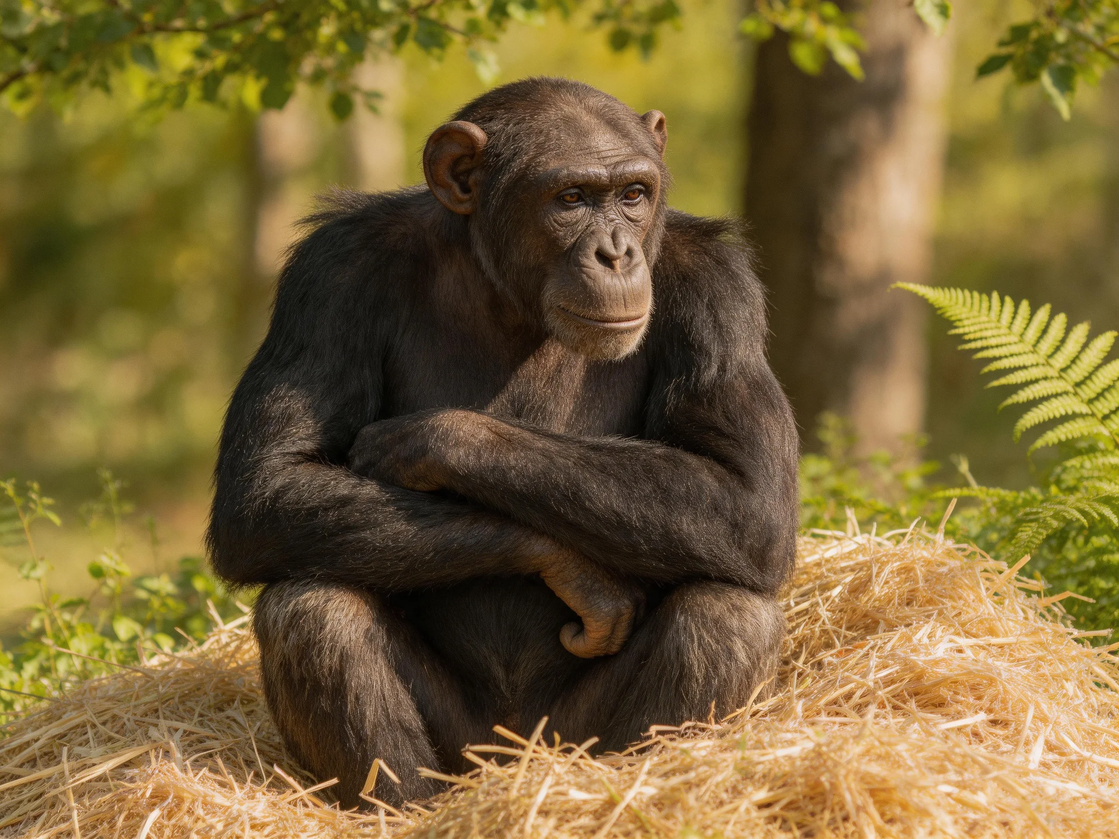 A dark-furred chimpanzee sits on straw in a sunlit forest