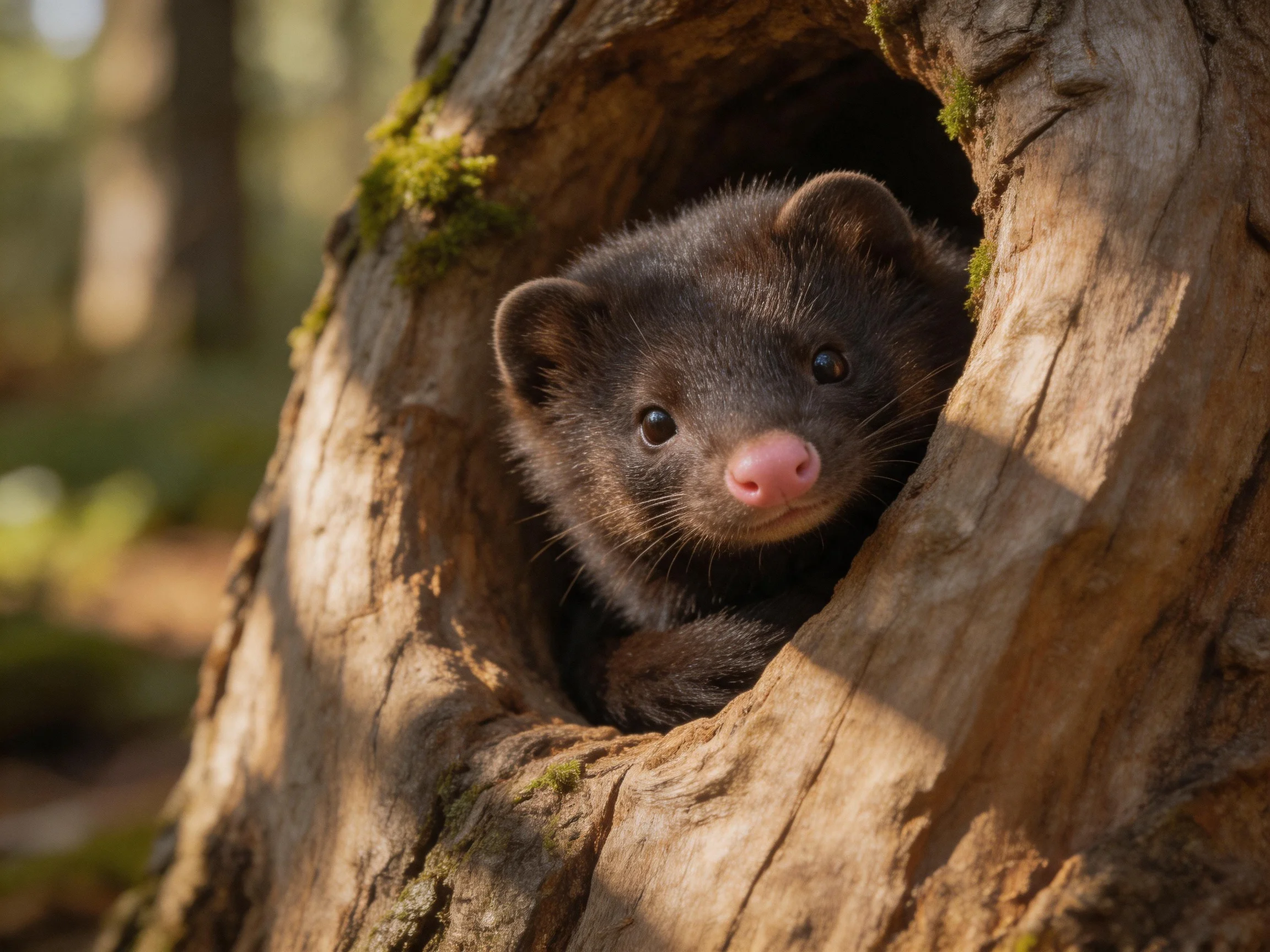 A dark-furred mammal peeks from a moss-draped tree hollow