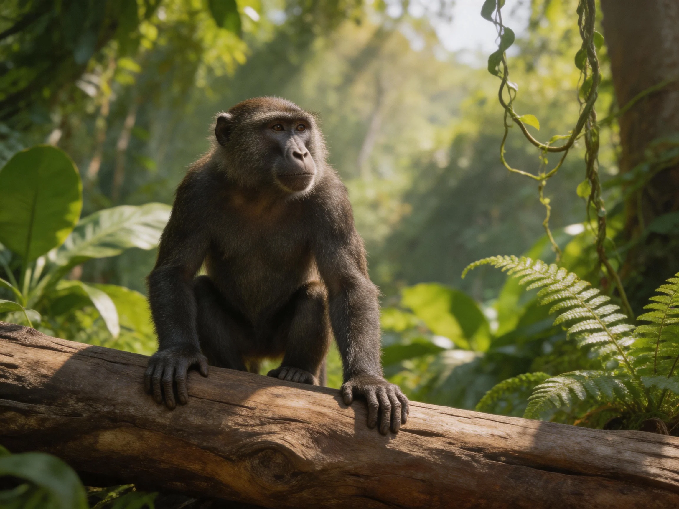 A dark-furred monkey perches on a thick brown log amid lush greenery