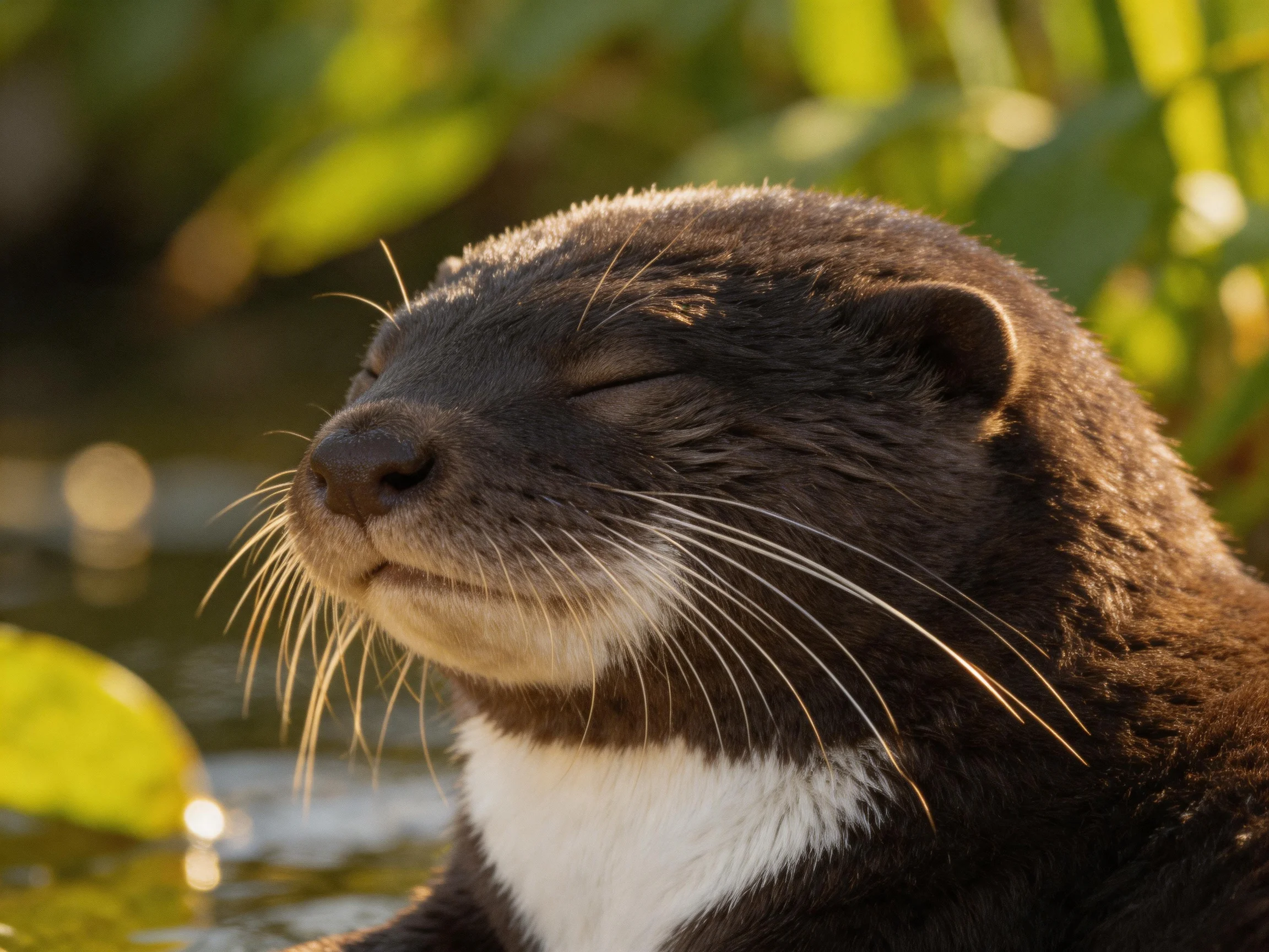 A dark-furred otter rests peacefully by water with eyes closed.