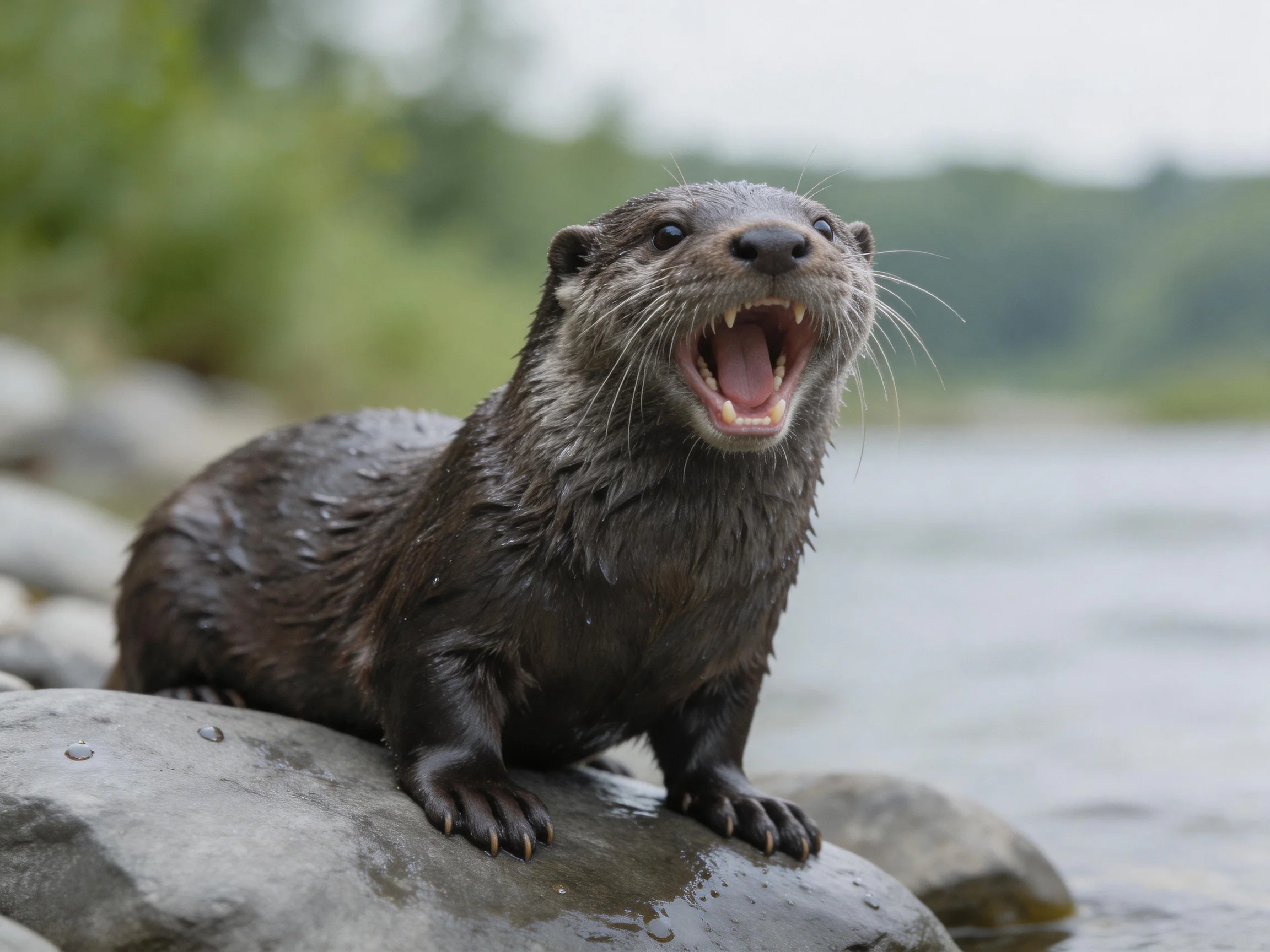 A dark-furred otter yawns on wet river rocks by calm waters