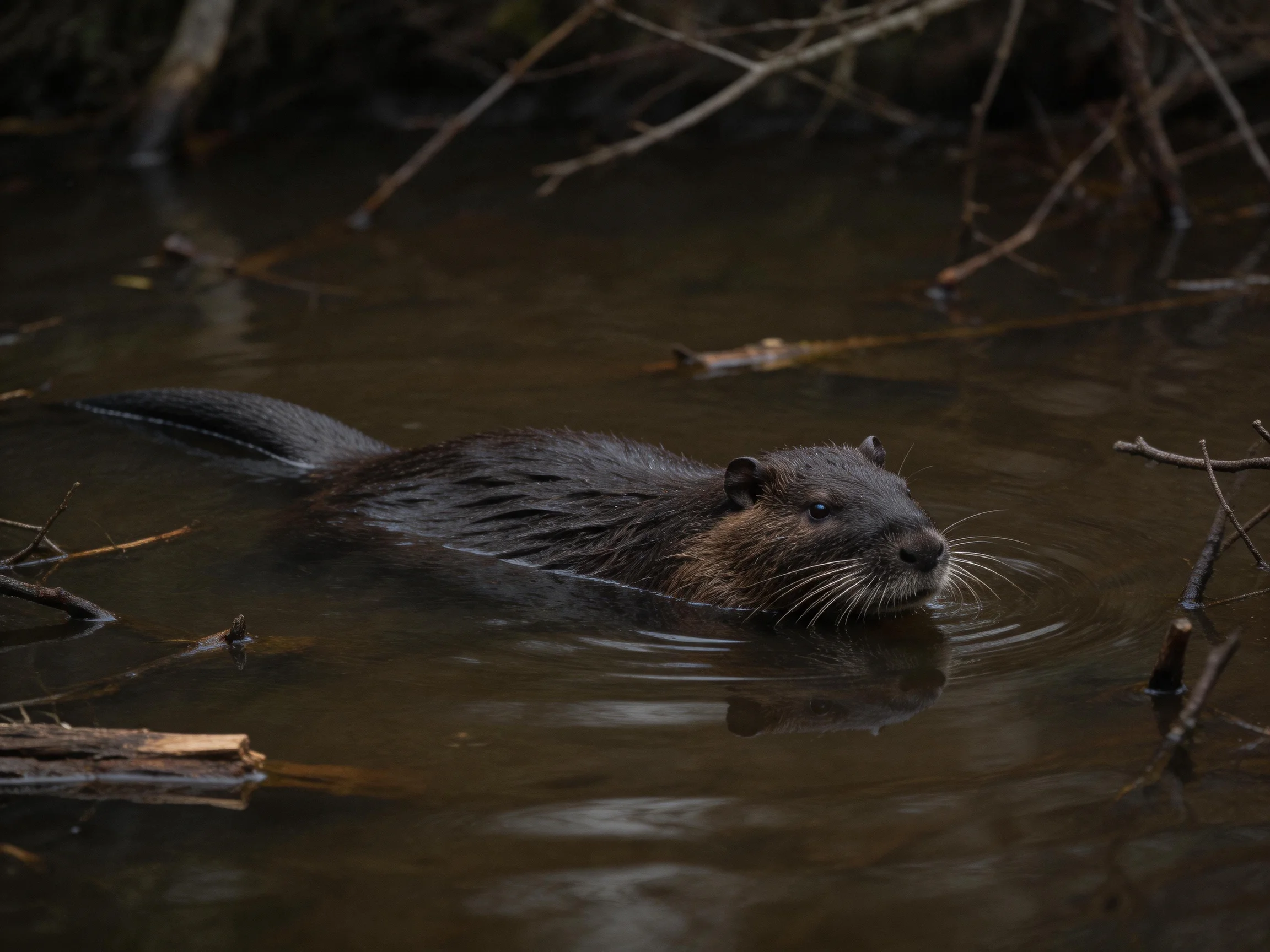 A dark-furred rodent swims through murky water near tangled branches
