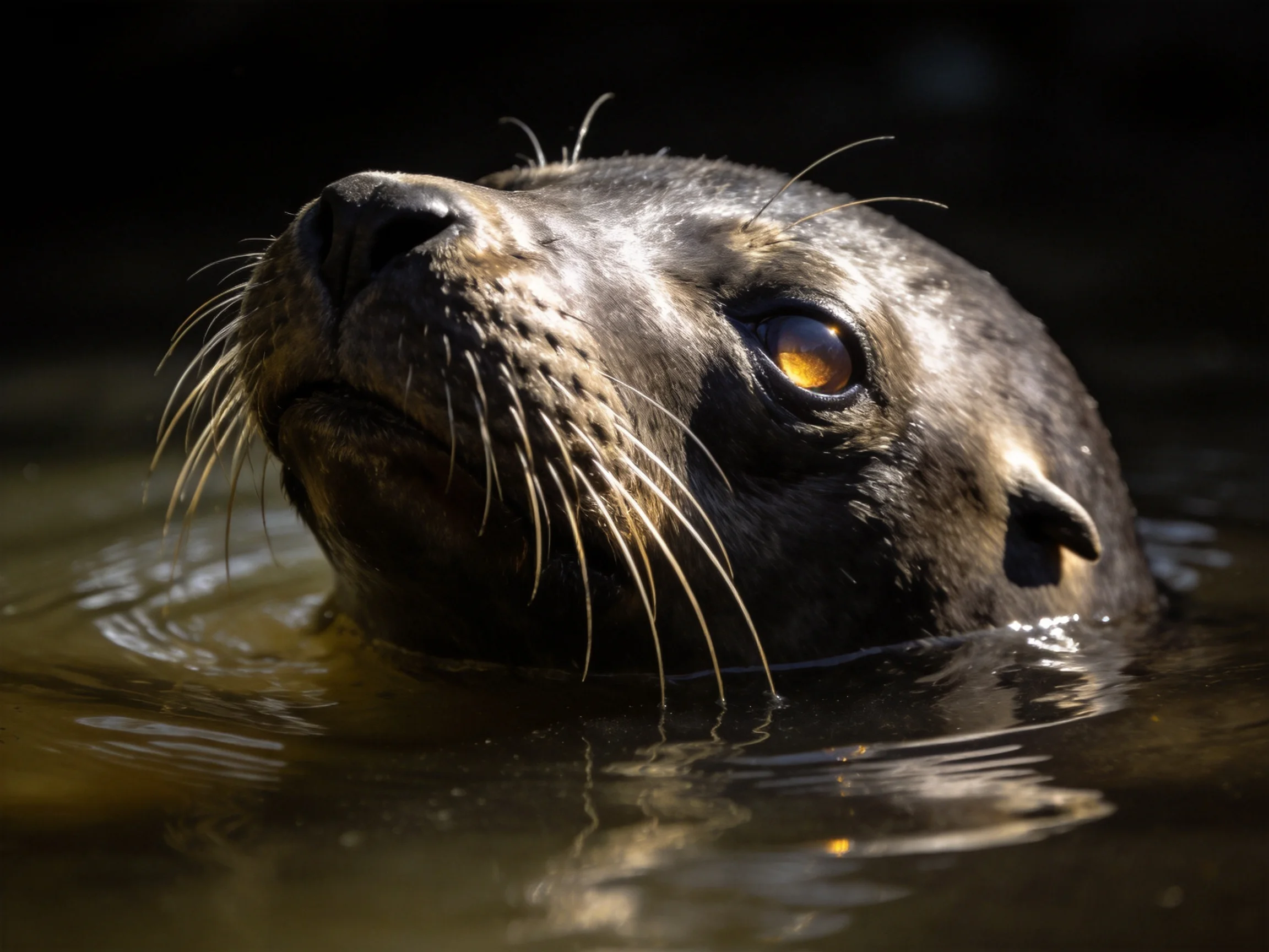 A dark-furred sea lion with amber eyes emerges from calm water
