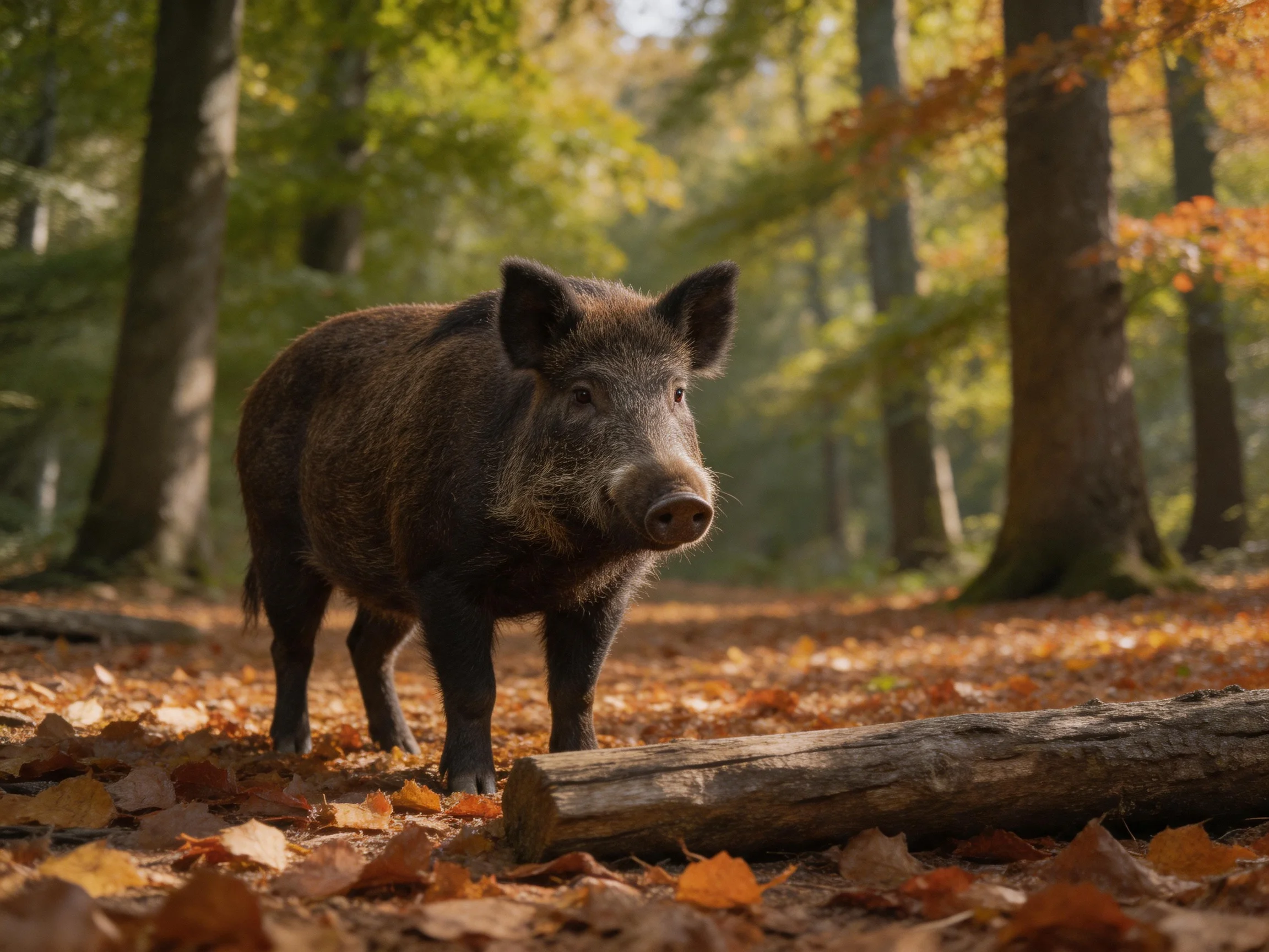 A dark-furred wild boar in an autumn forest with golden leaves