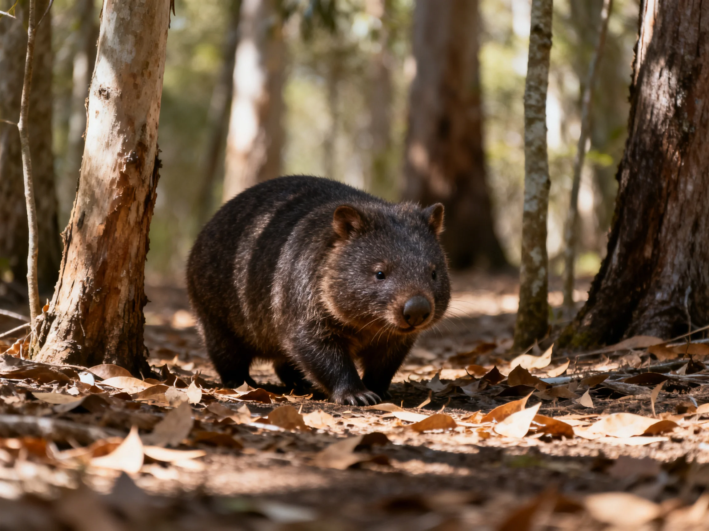 A dark-furred wombat moves through fallen leaves near tall trees in a sunlit forest.