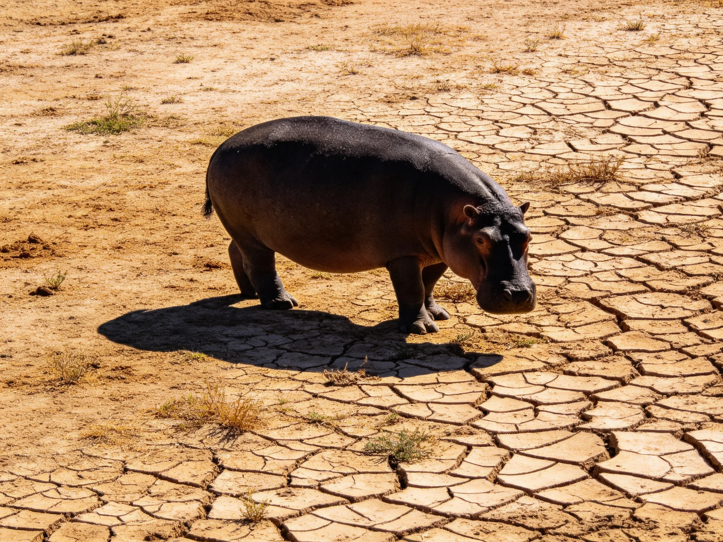 A dark gray hippo on parched, cracked earth terrain