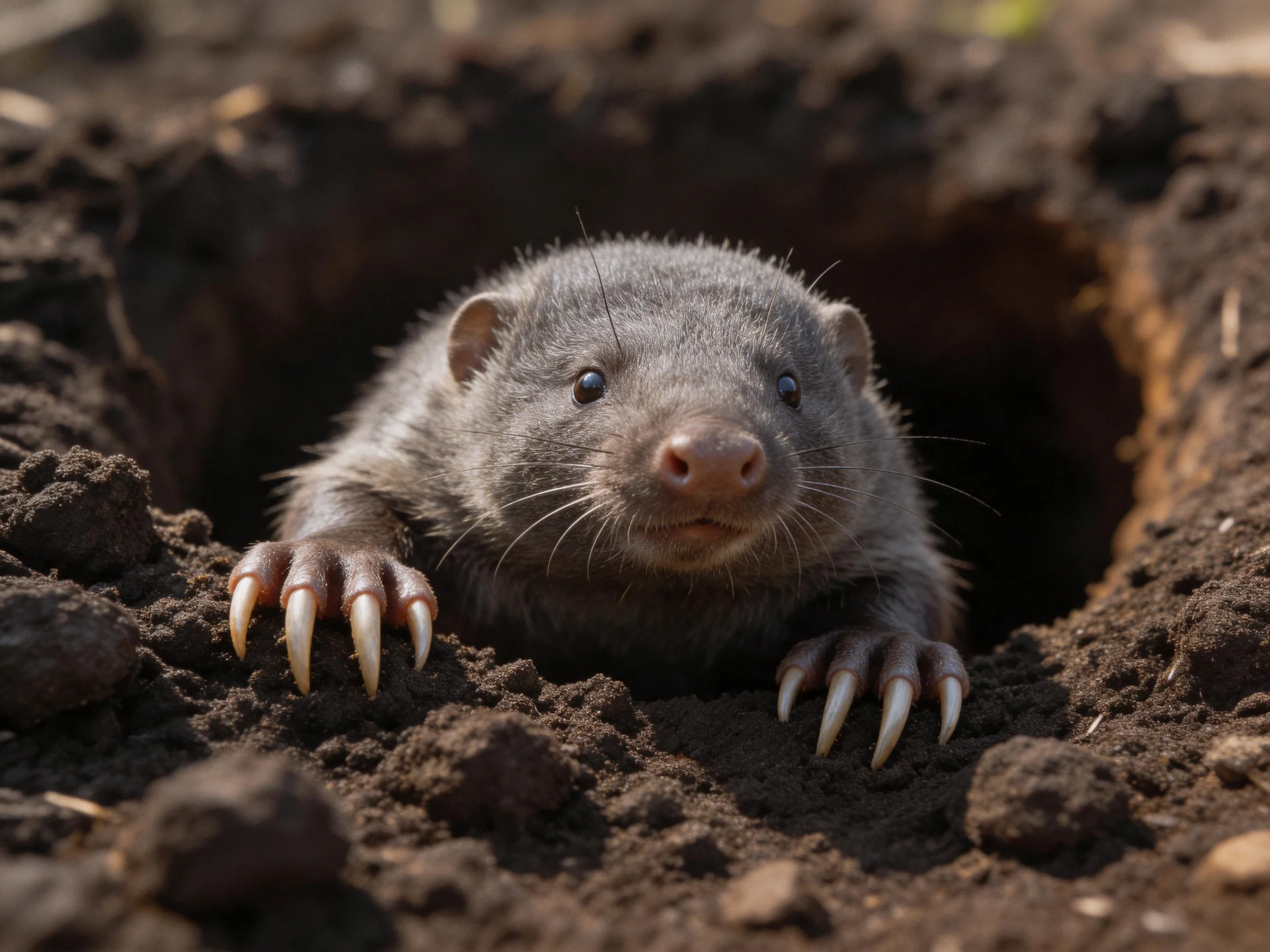 A dark gray mammal emerges from a deep brown earth tunnel