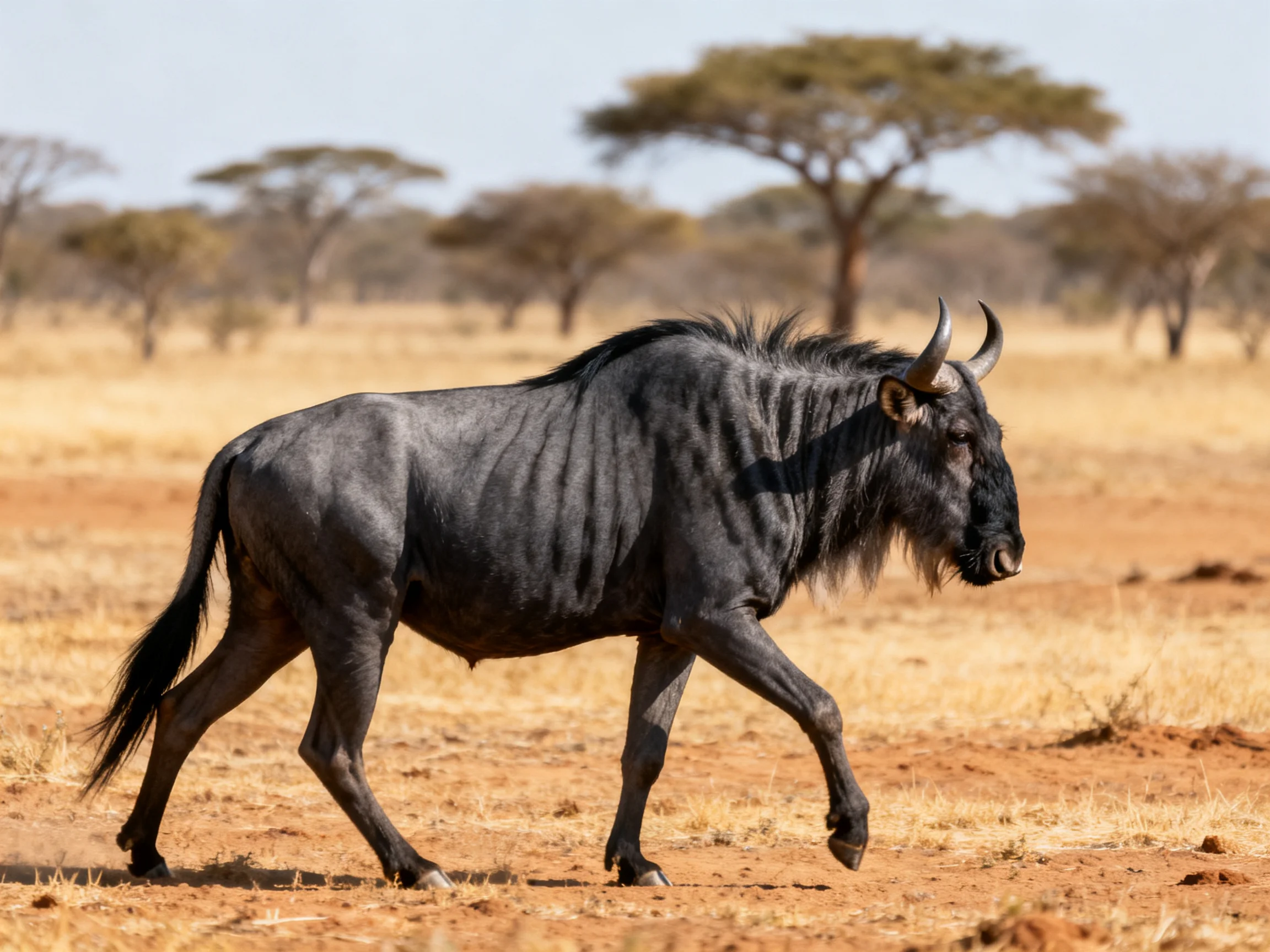 A dark gray wildebeest moves through golden savannah terrain