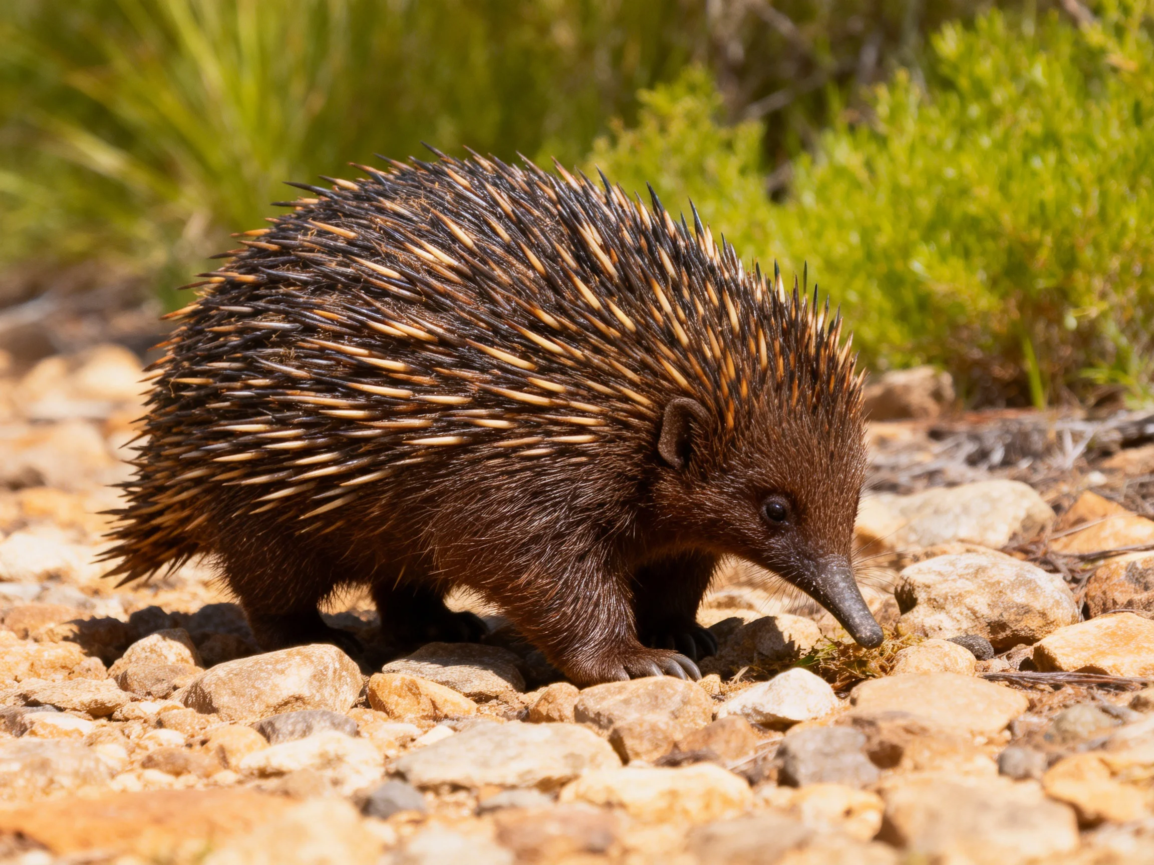 A dark-spined echidna explores rocky terrain near green shrubs