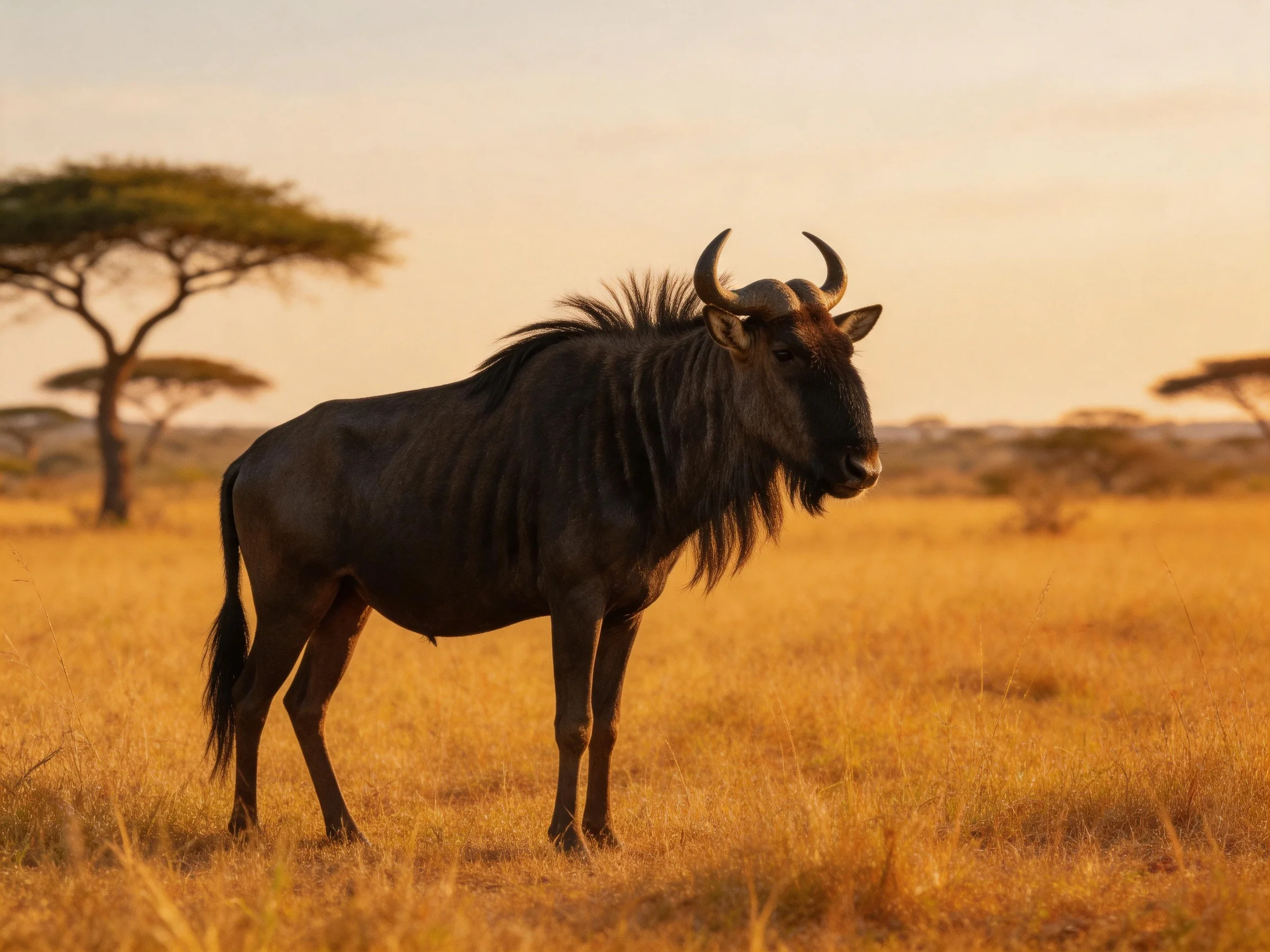 A dark wildebeest in golden savannah near acacia trees