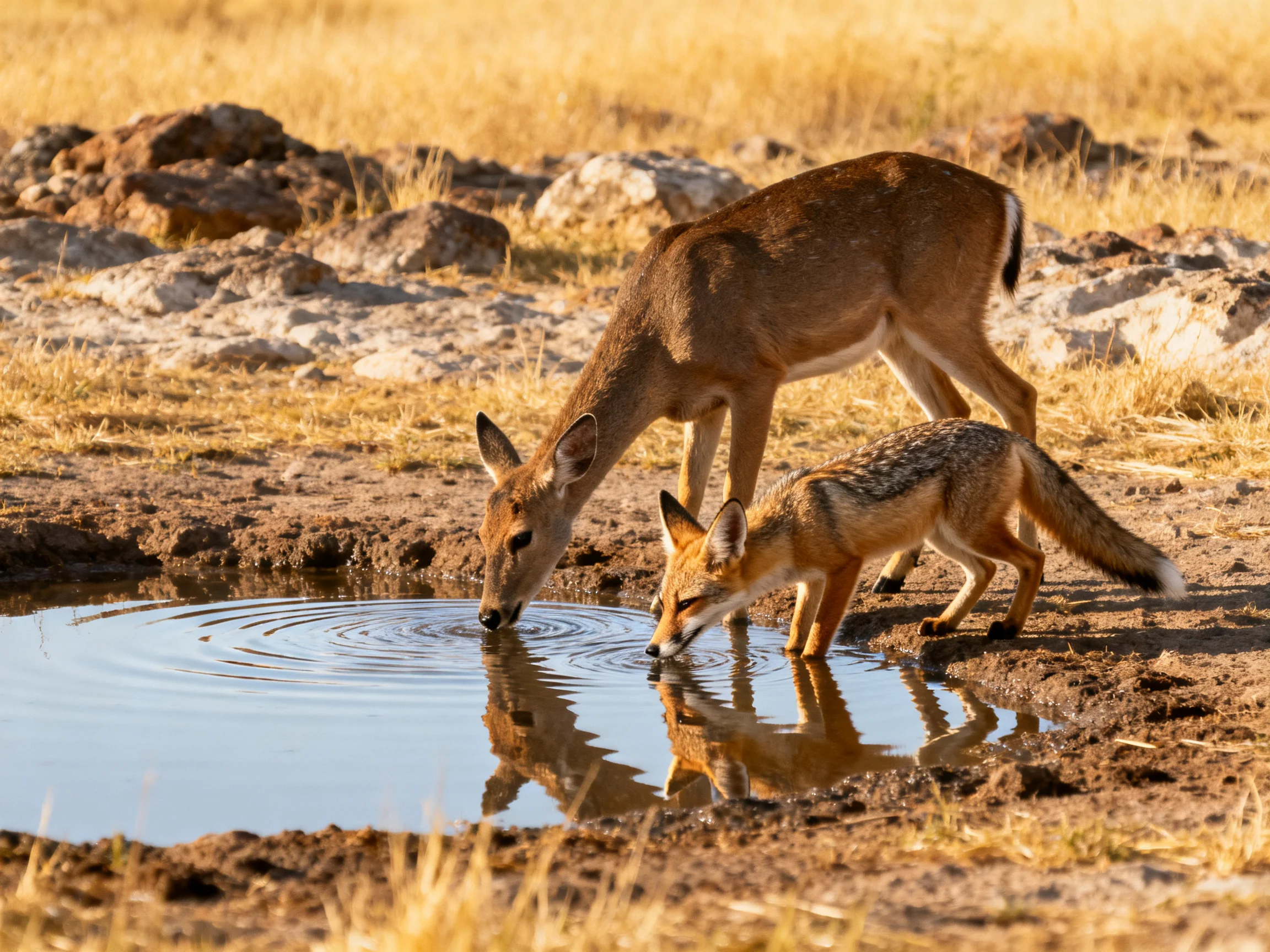 Two animals share a watering hole in a dry landscape.