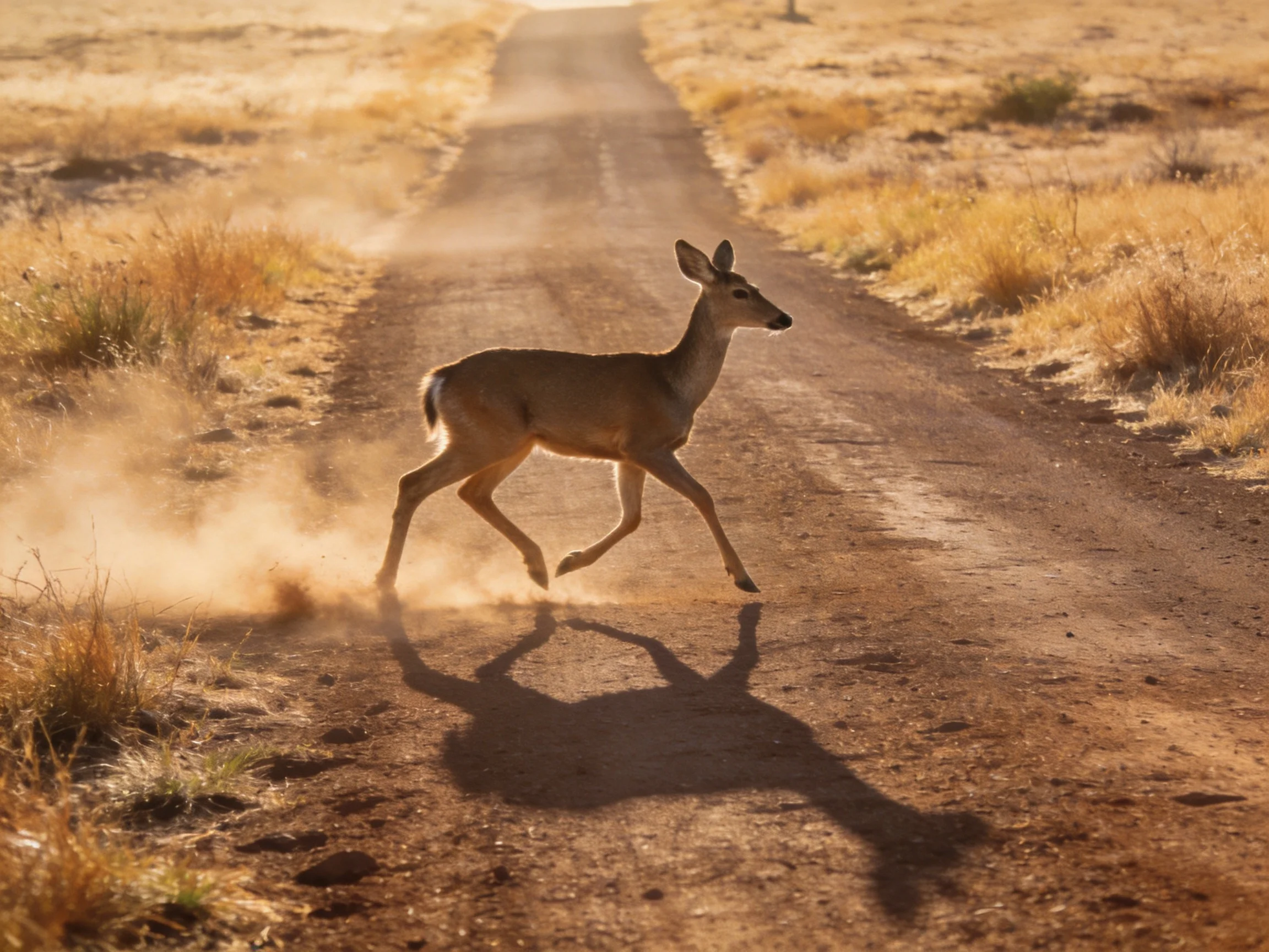 A deer crosses a dusty dirt road at golden hour