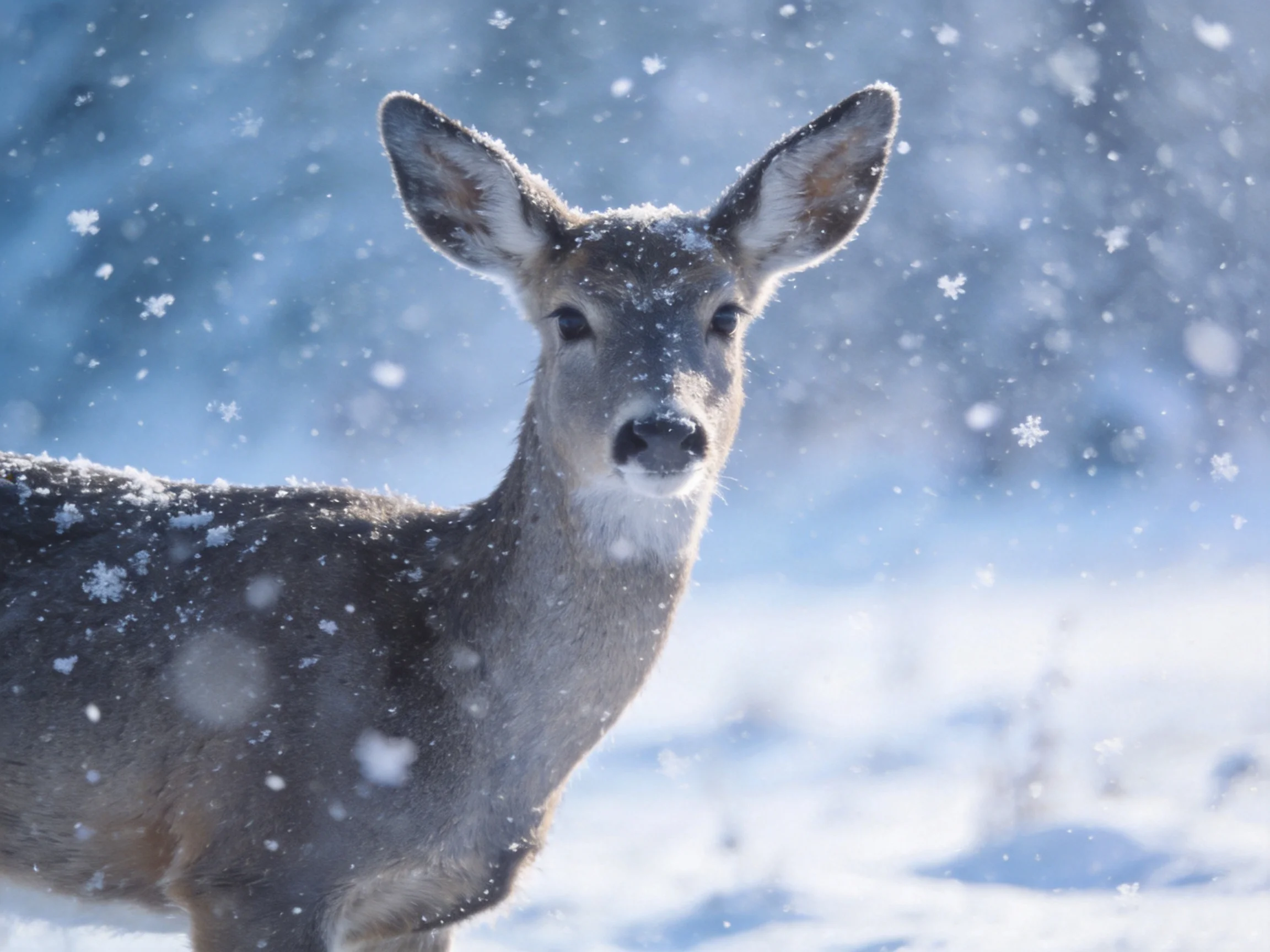A deer stands in a snowy landscape with falling snowflakes.