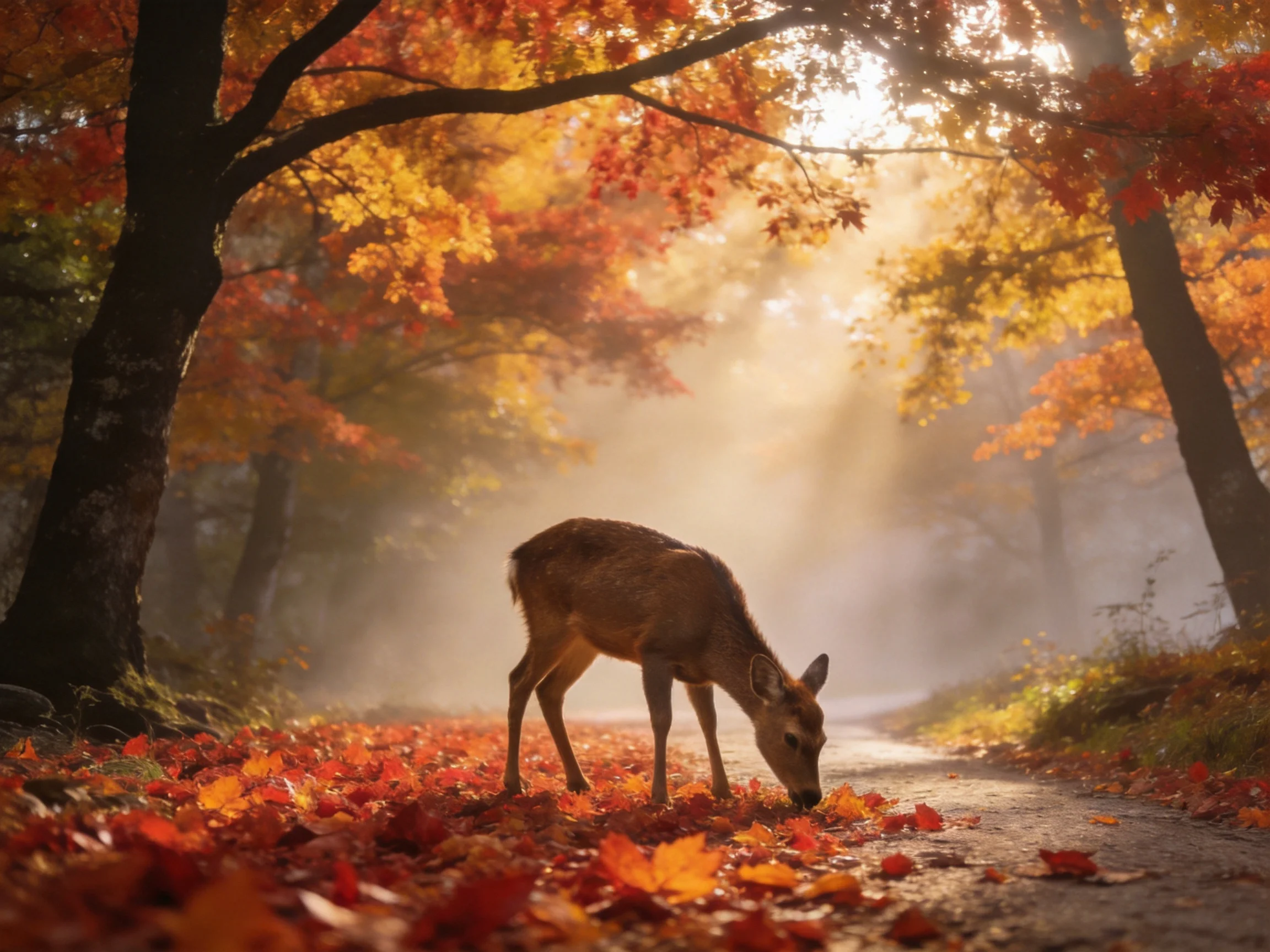 A deer forages among vibrant autumn foliage on a leaf-strewn path