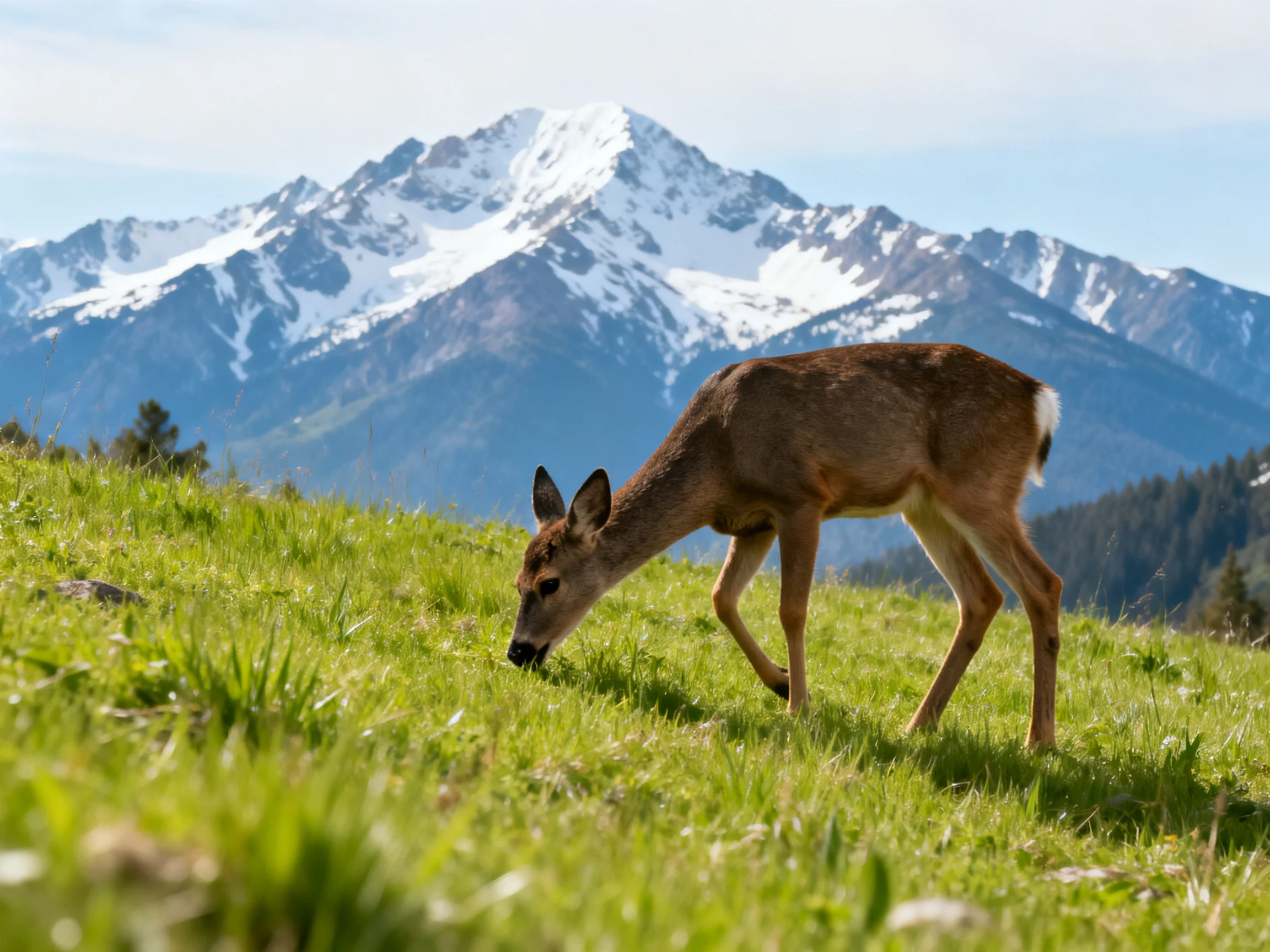 A deer feeds on grass near impressive snow-covered mountain peaks.