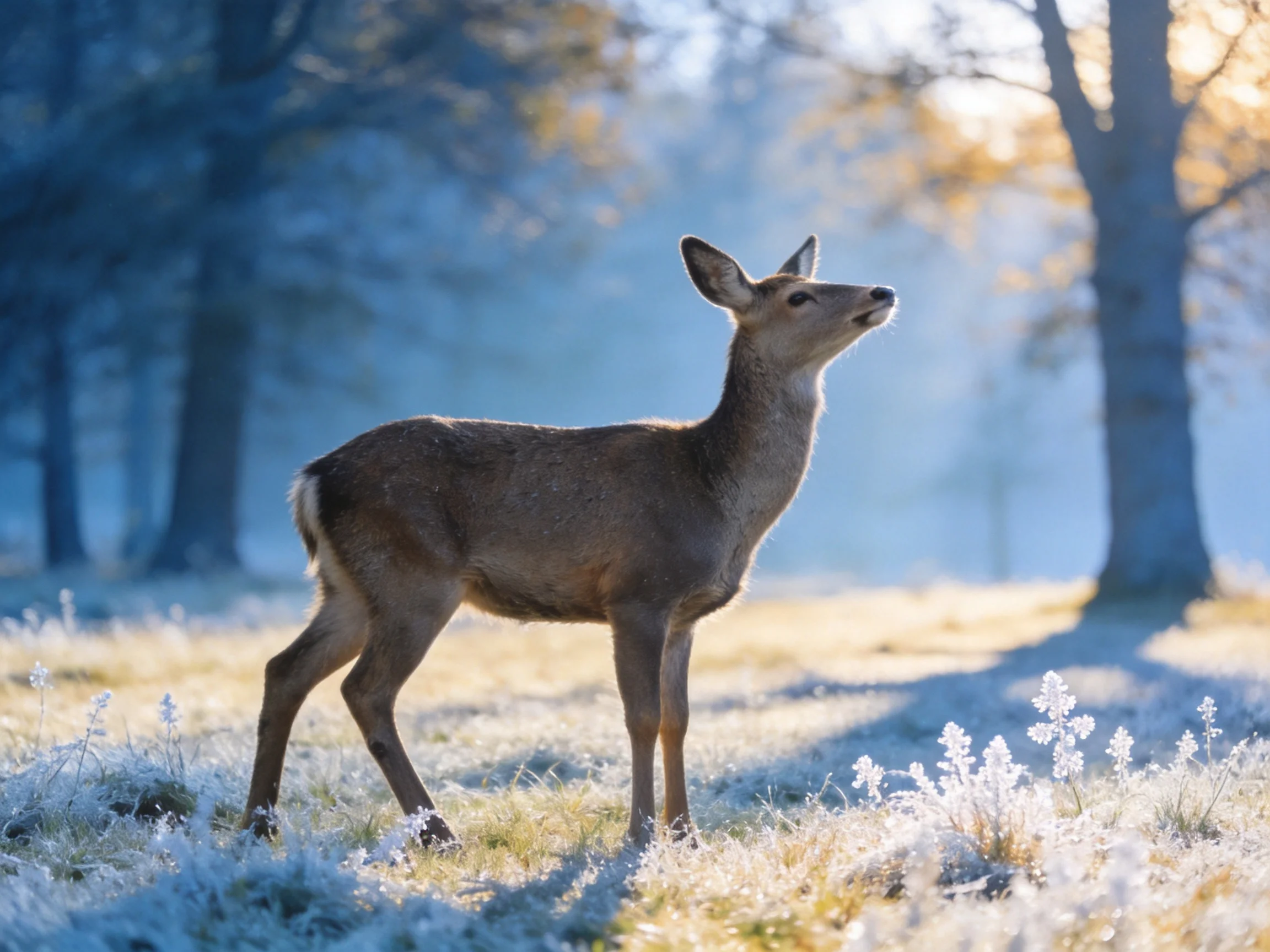 A deer in a frosty meadow near tall trees with golden sunlight