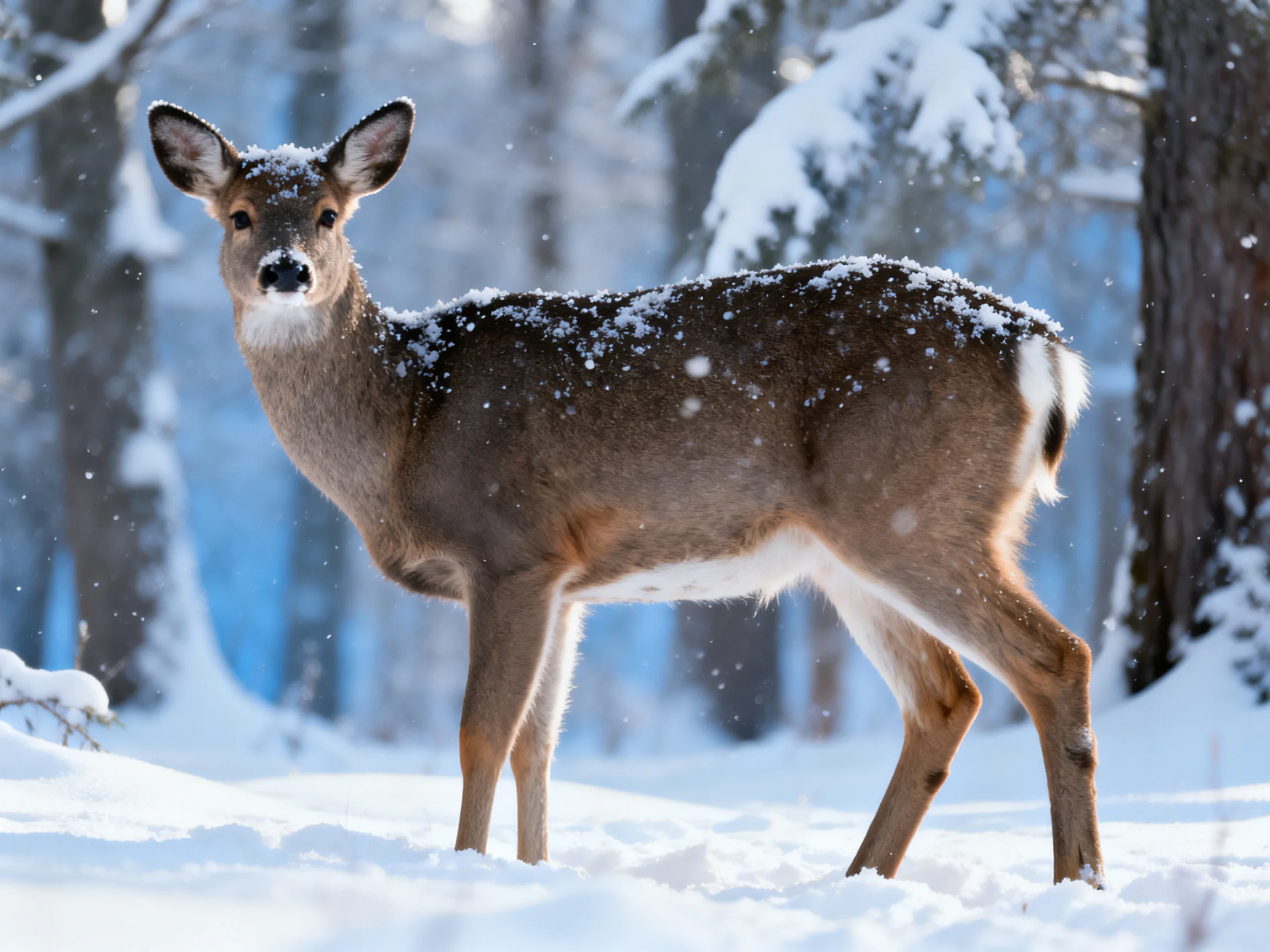 A deer stands in a snowy forest landscape winter.
