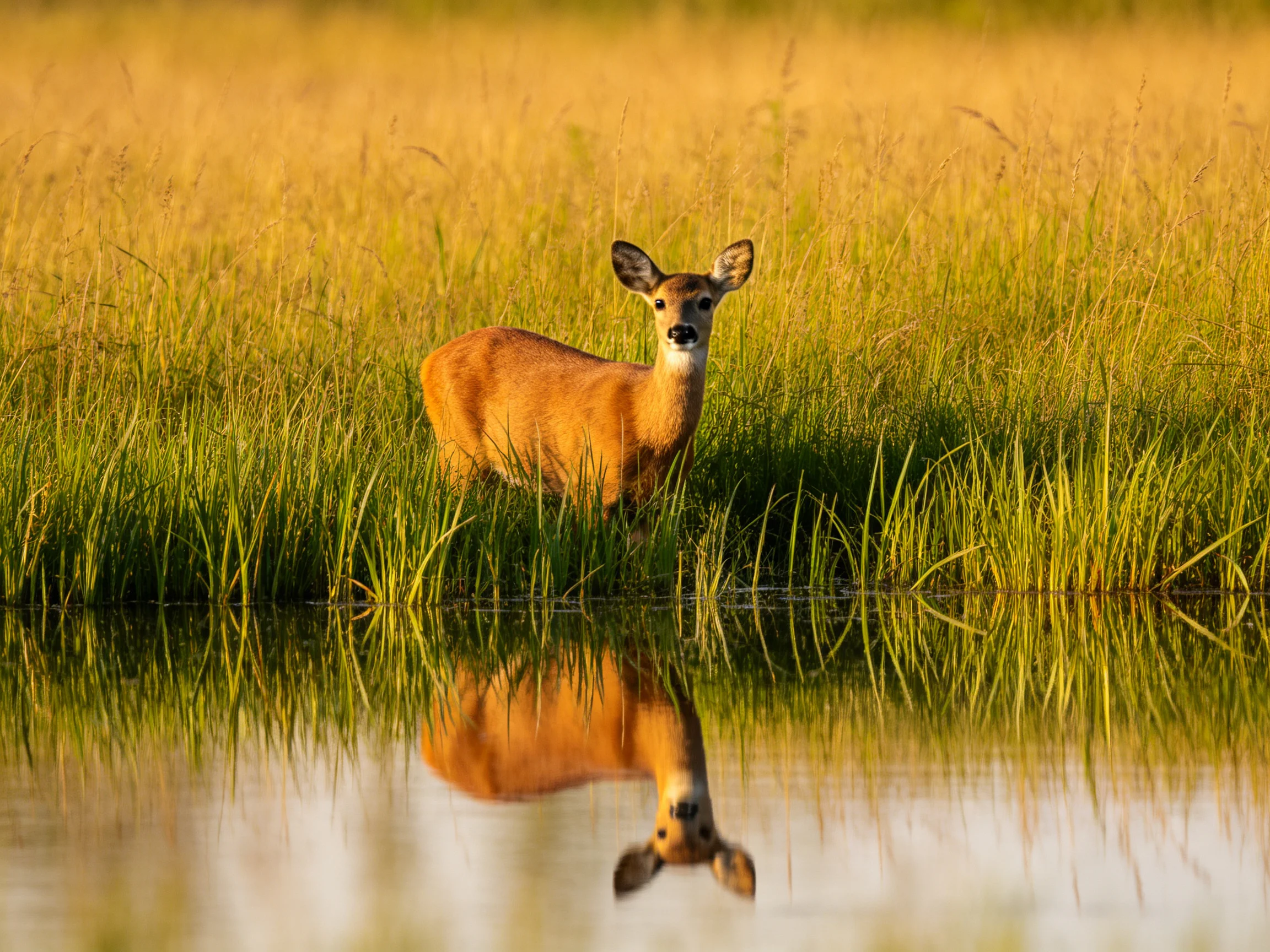 A deer stands in tall grass beside calm water reflecting its form.