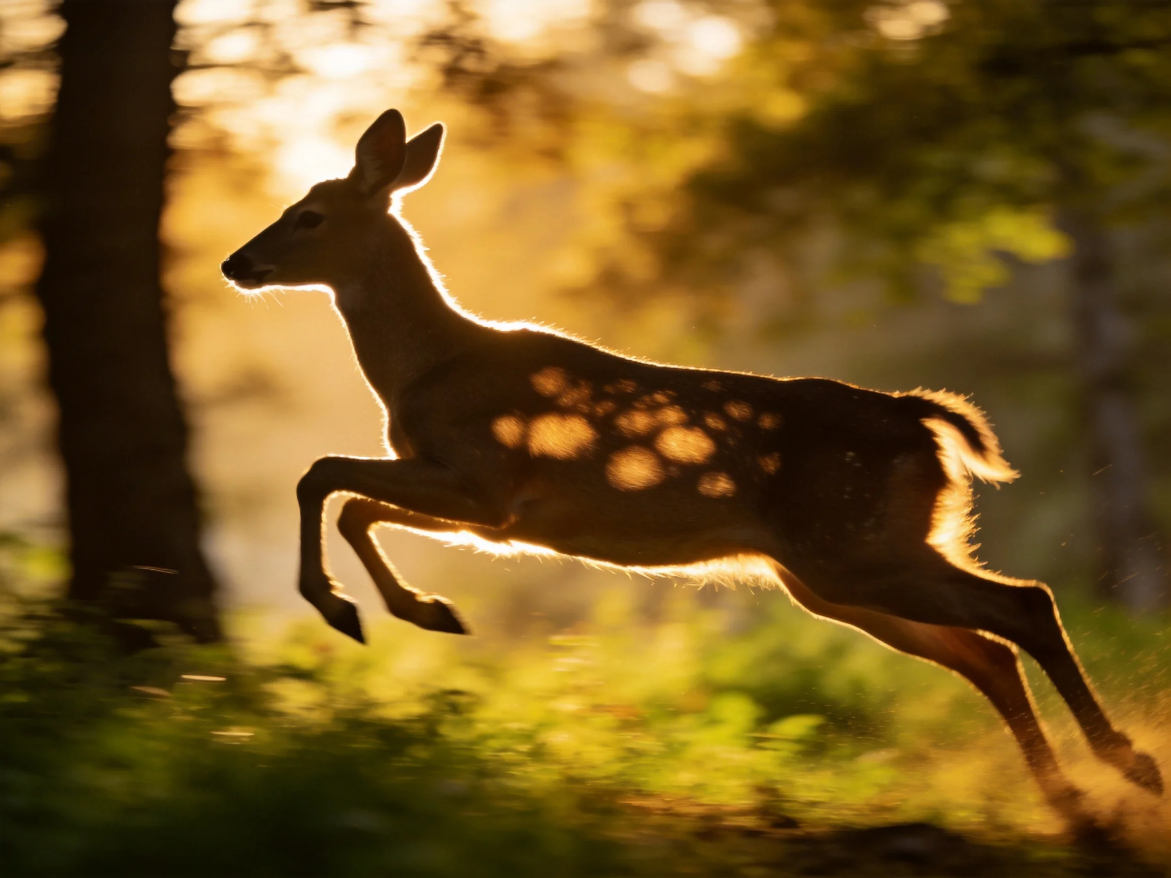 A deer leaps through a sun-drenched forest glade at sunset