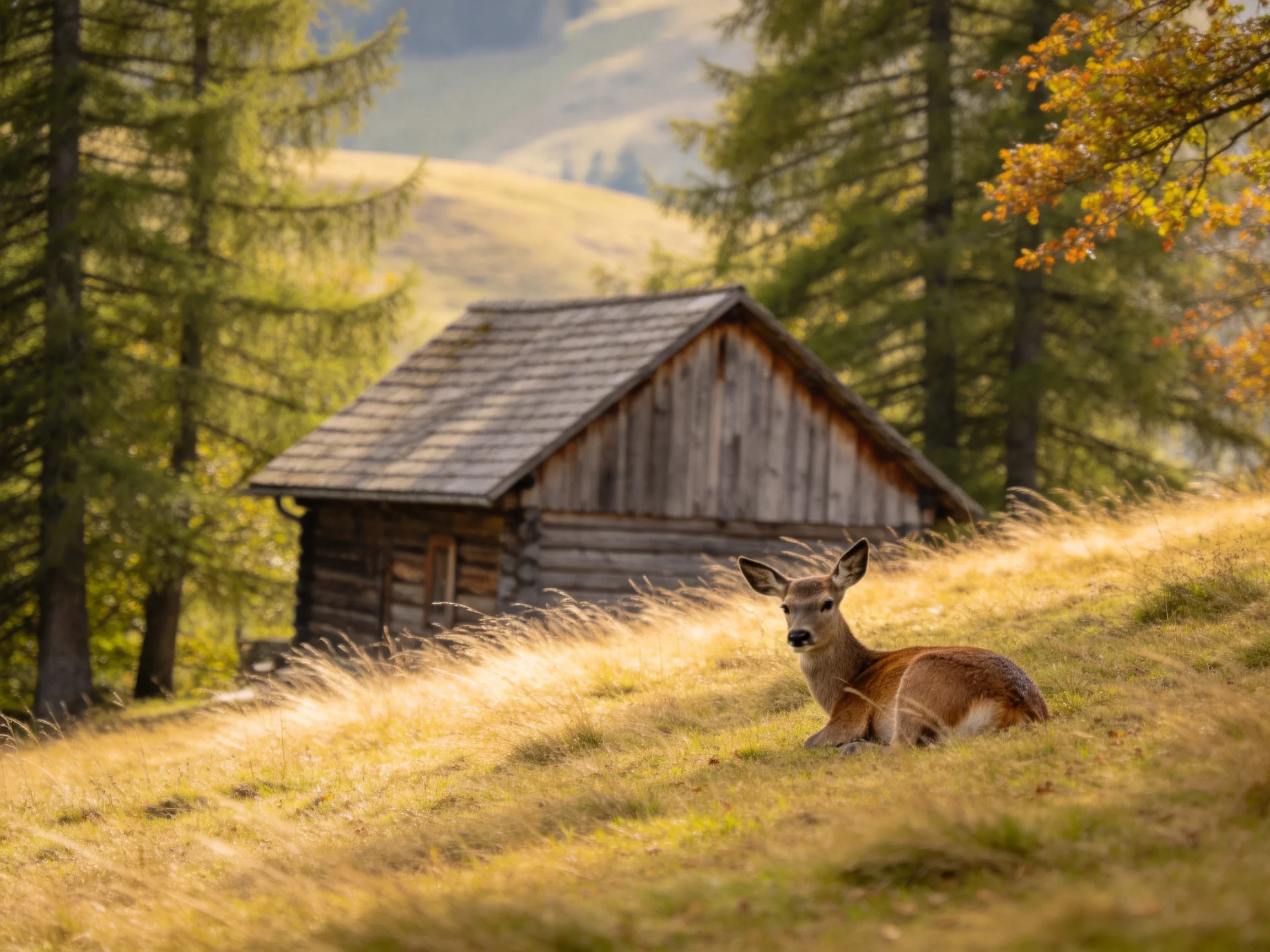 A deer rests near an old wooden cabin in a sunlit natural setting.