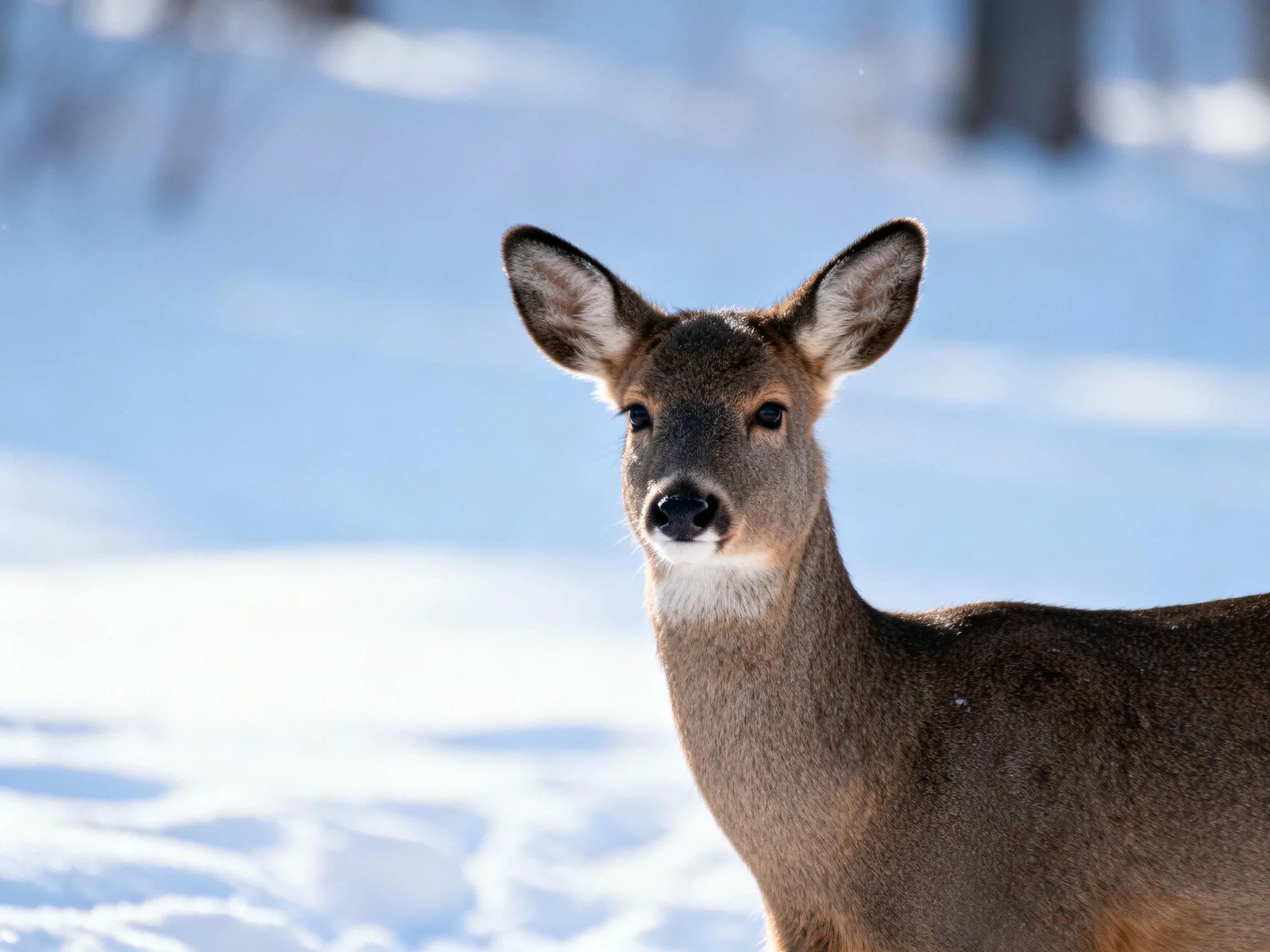 A deer stands alert in a bright, snow-covered winter landscape