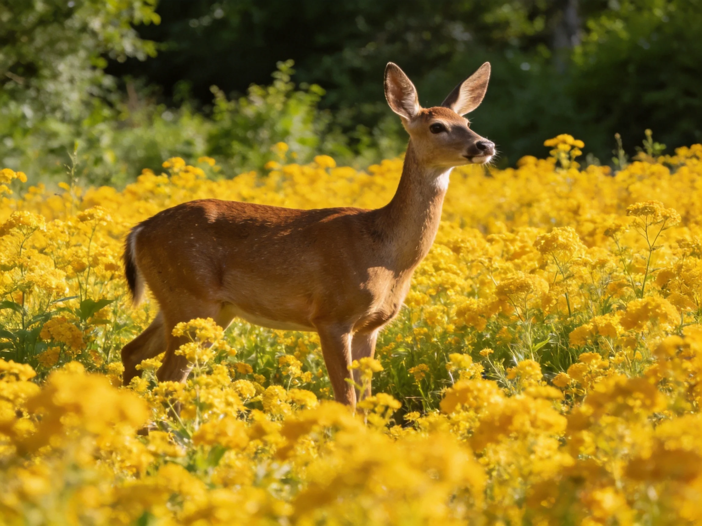 A deer is surrounded by yellow wildflowers in a sunlit natural setting.