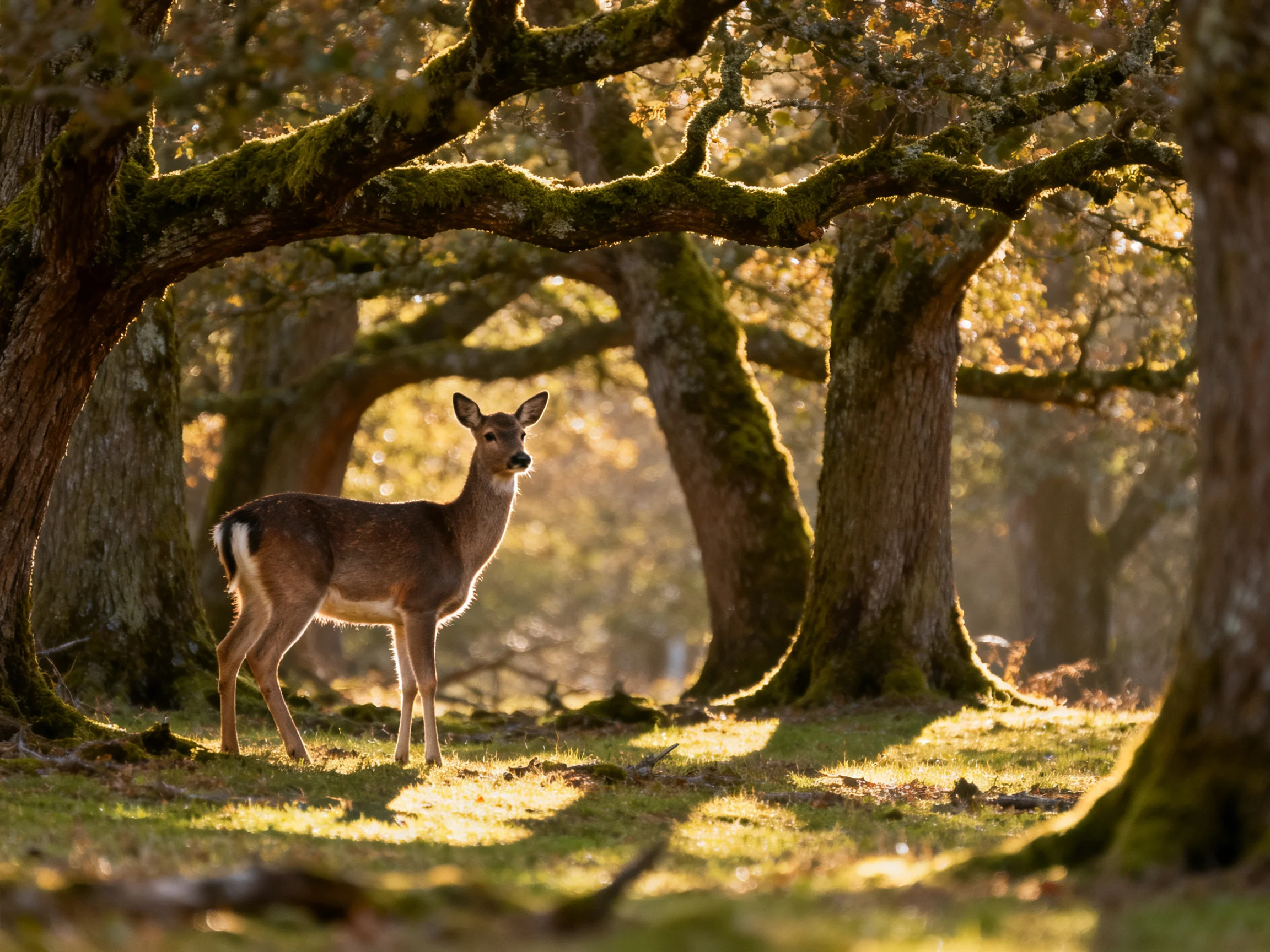 A deer stands among ancient moss-draped oaks in sunlit woodland