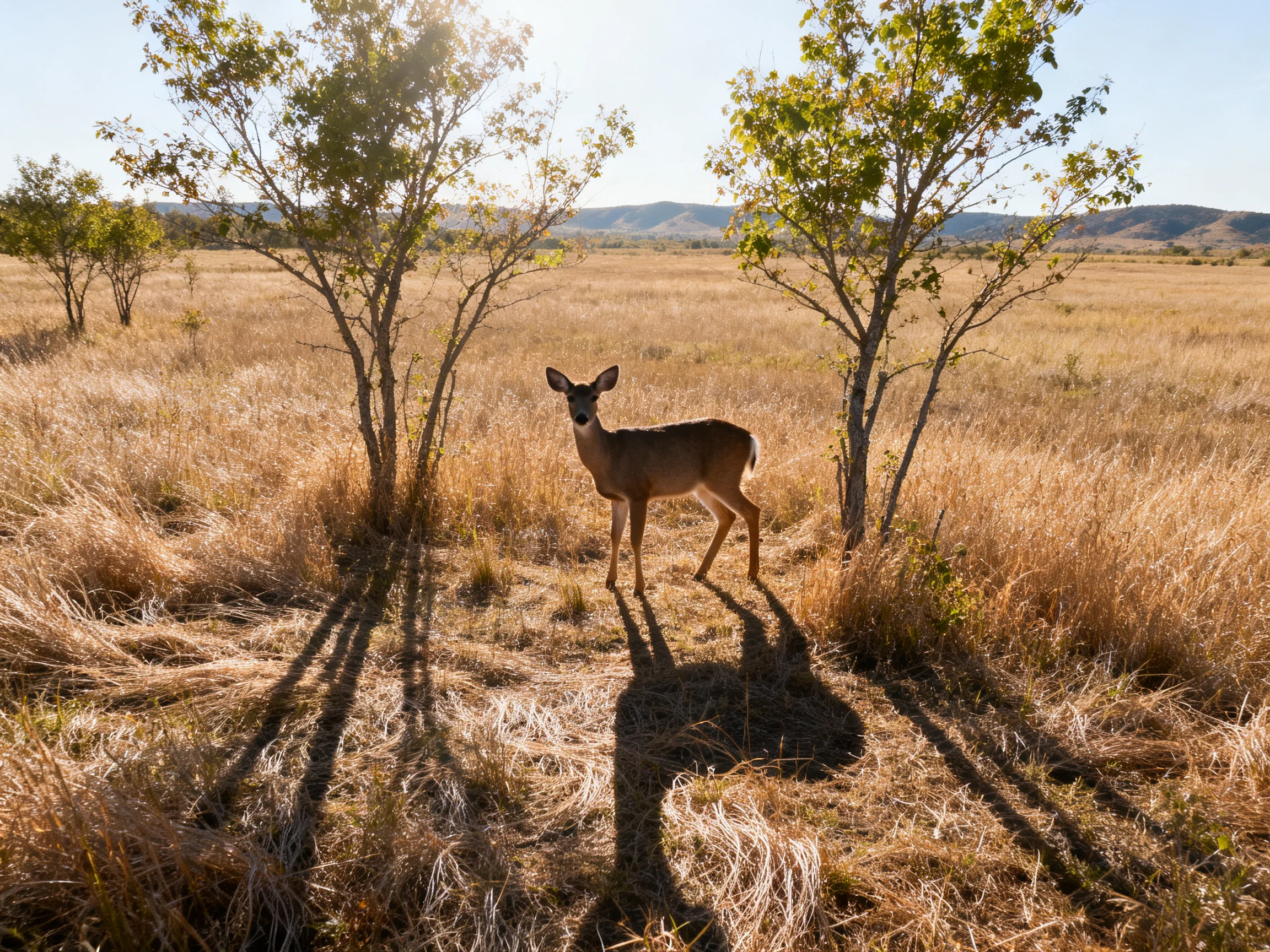 A deer stands among golden grass and leafy trees under bright sunlight
