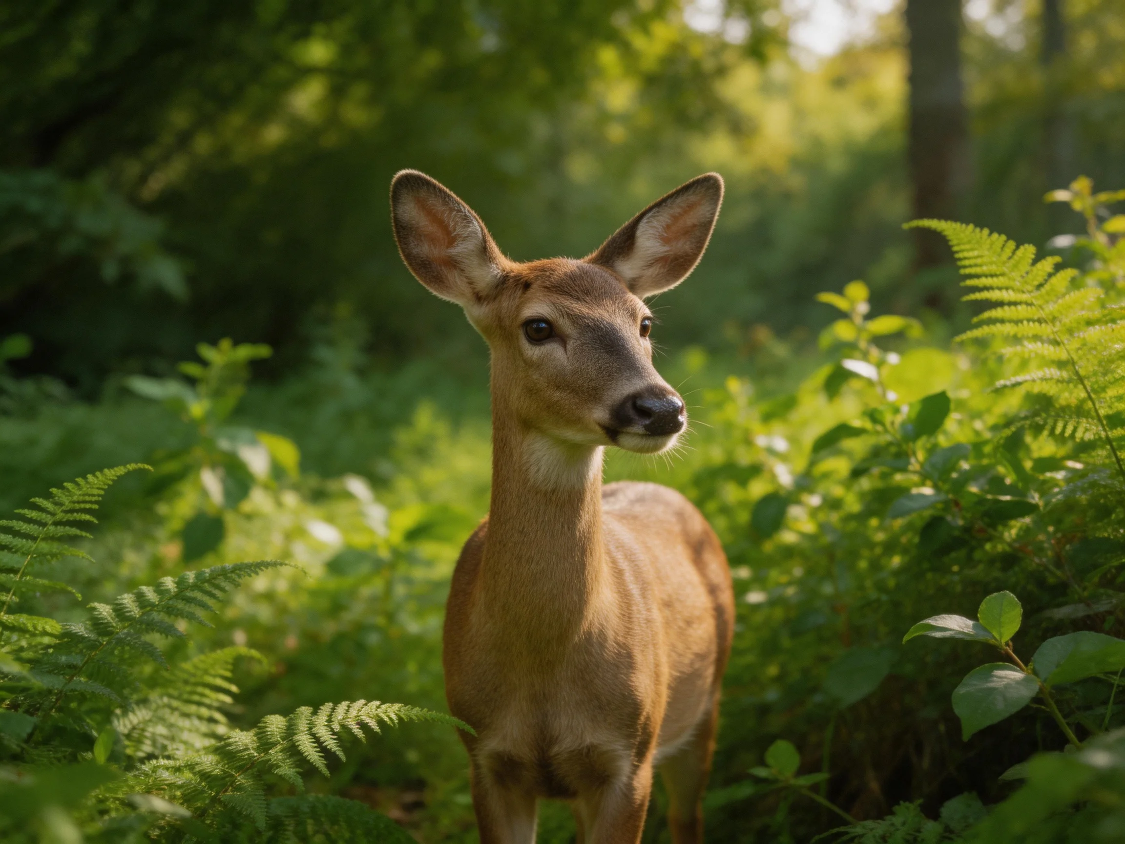 A deer is surrounded by dense greenery in a sunlit forest