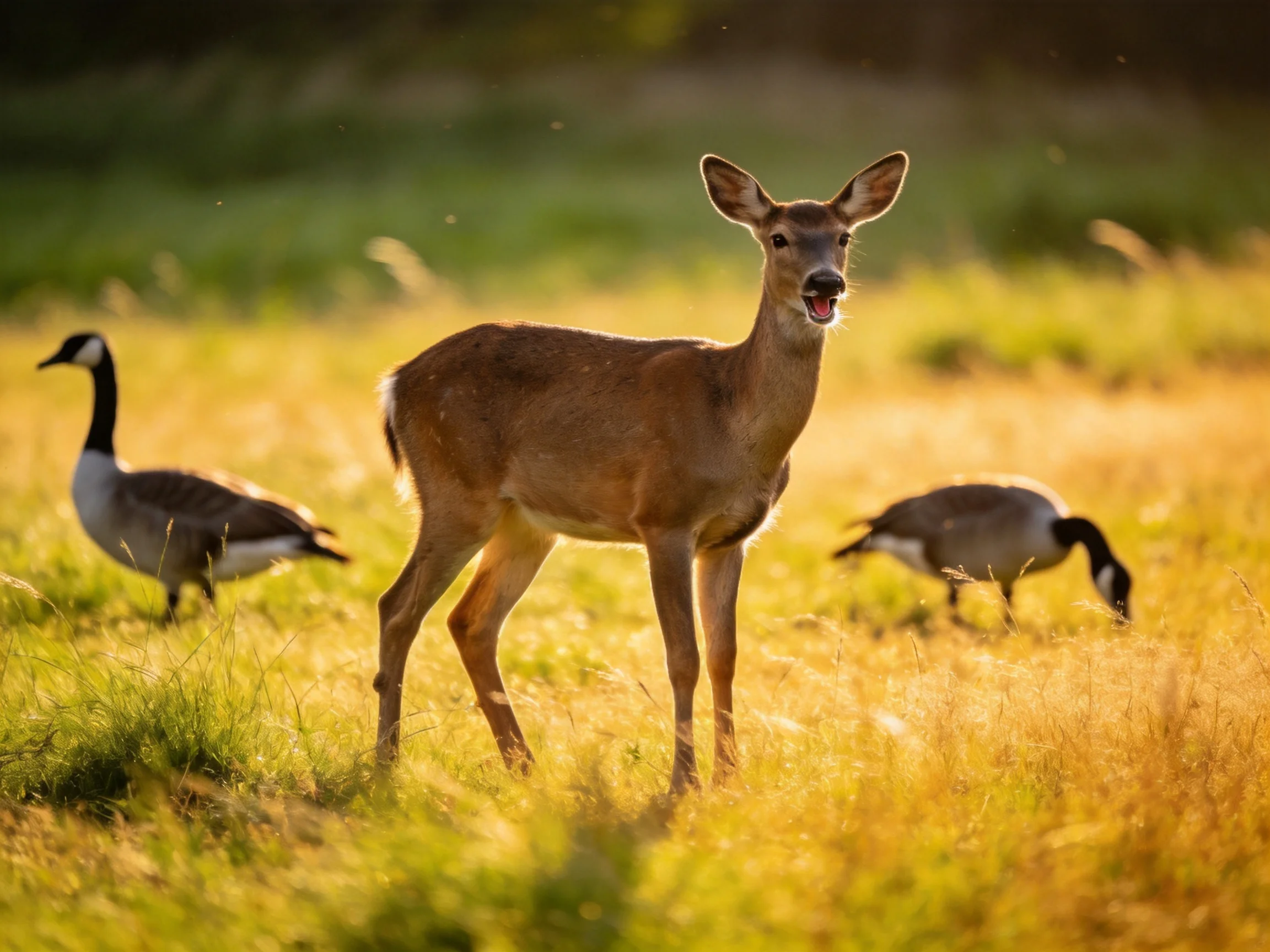 A deer stands in a sunlit meadow with two geese nearby.