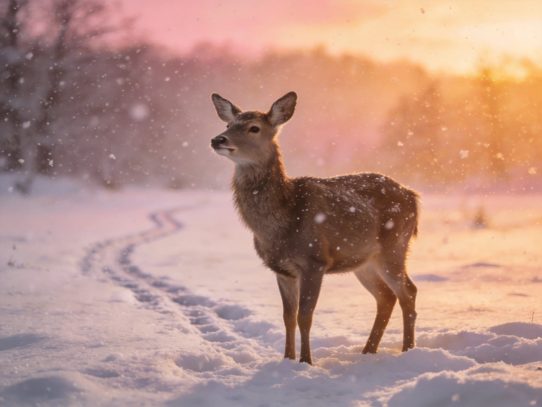 A deer stands in a snow-filled field as sunlight falls gently
