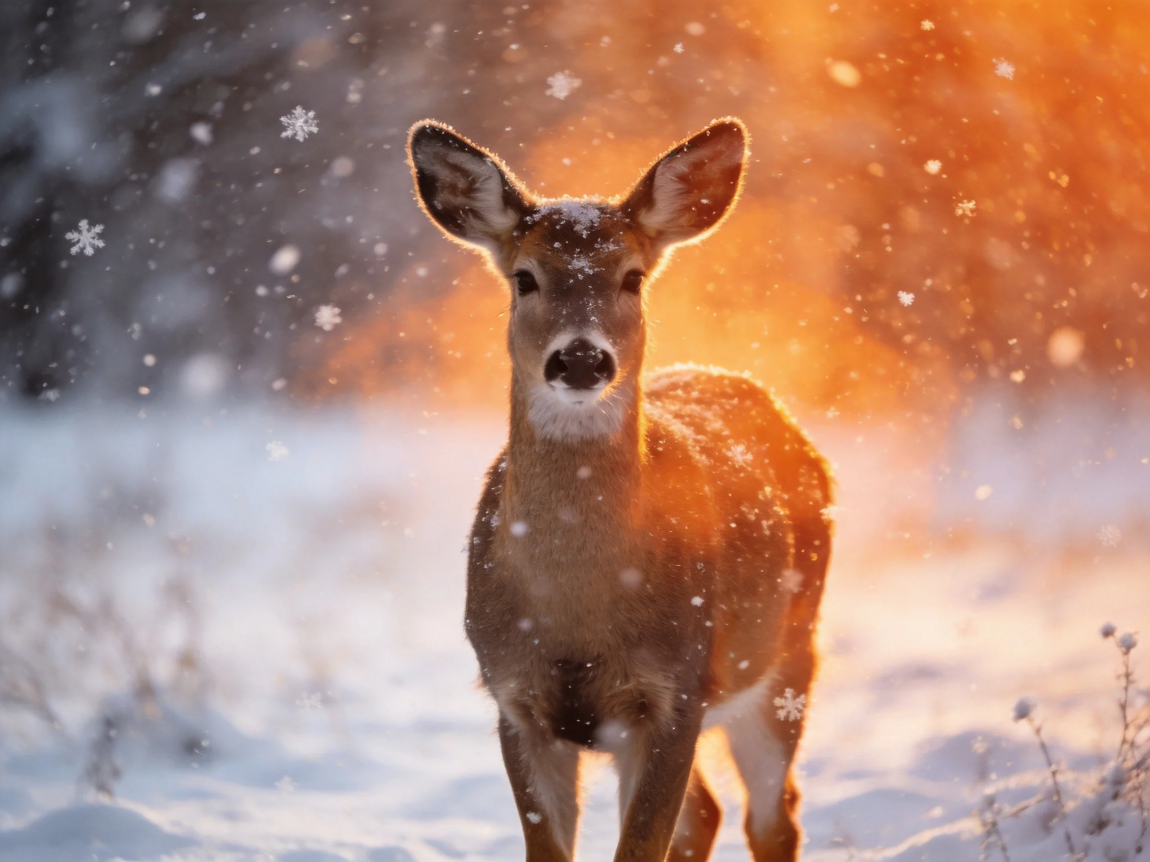 A deer stands in a snowy forest lit by warm sunlight.