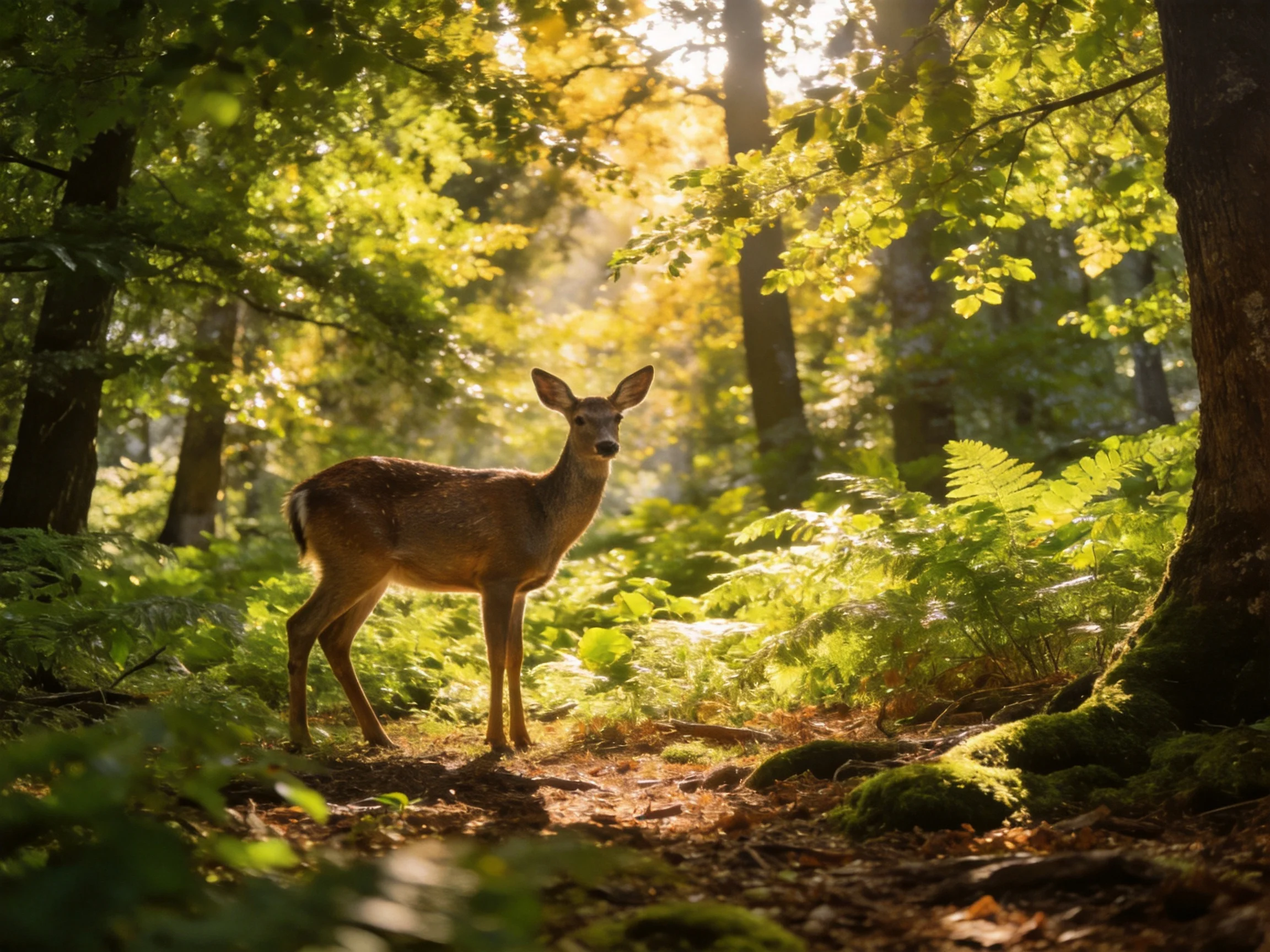 A deer stands in a sun-dappled, lush forest clearing
