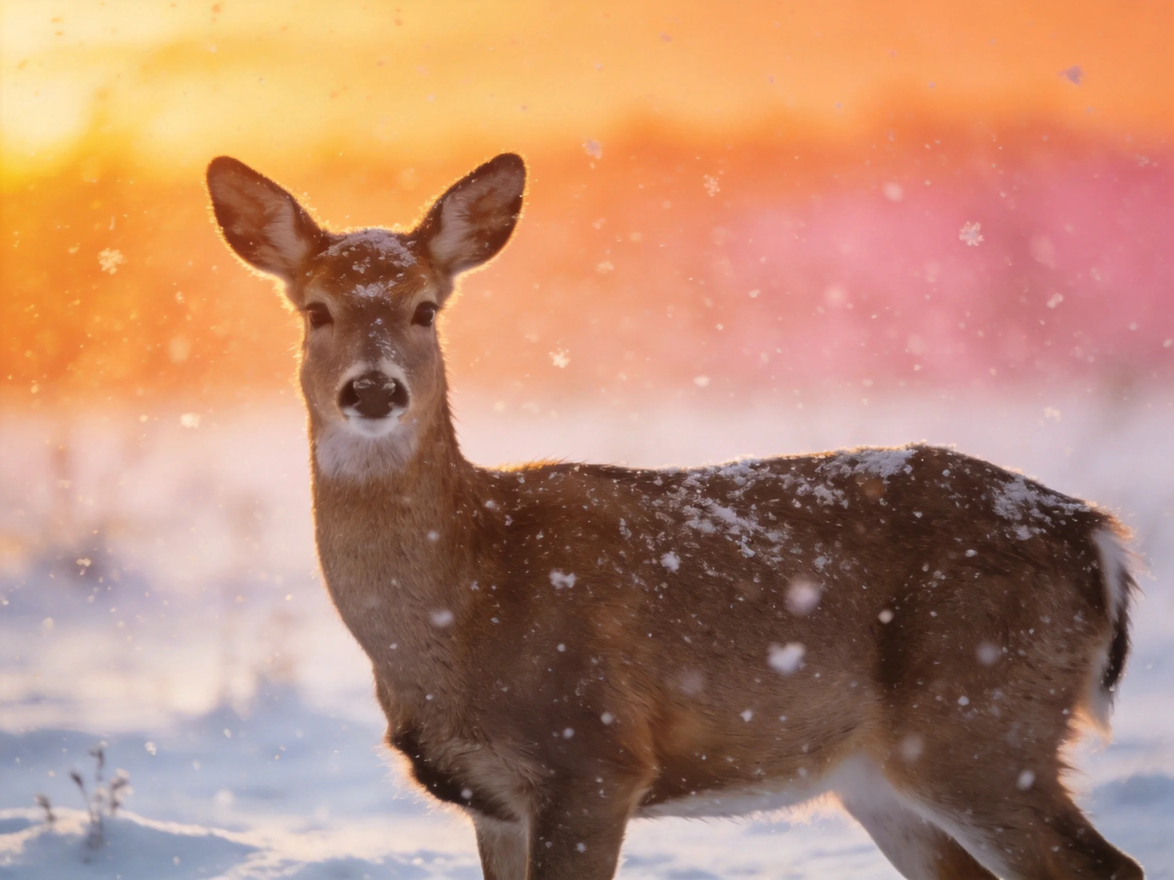A deer stands in snow with falling snowflakes under a vibrant sunset