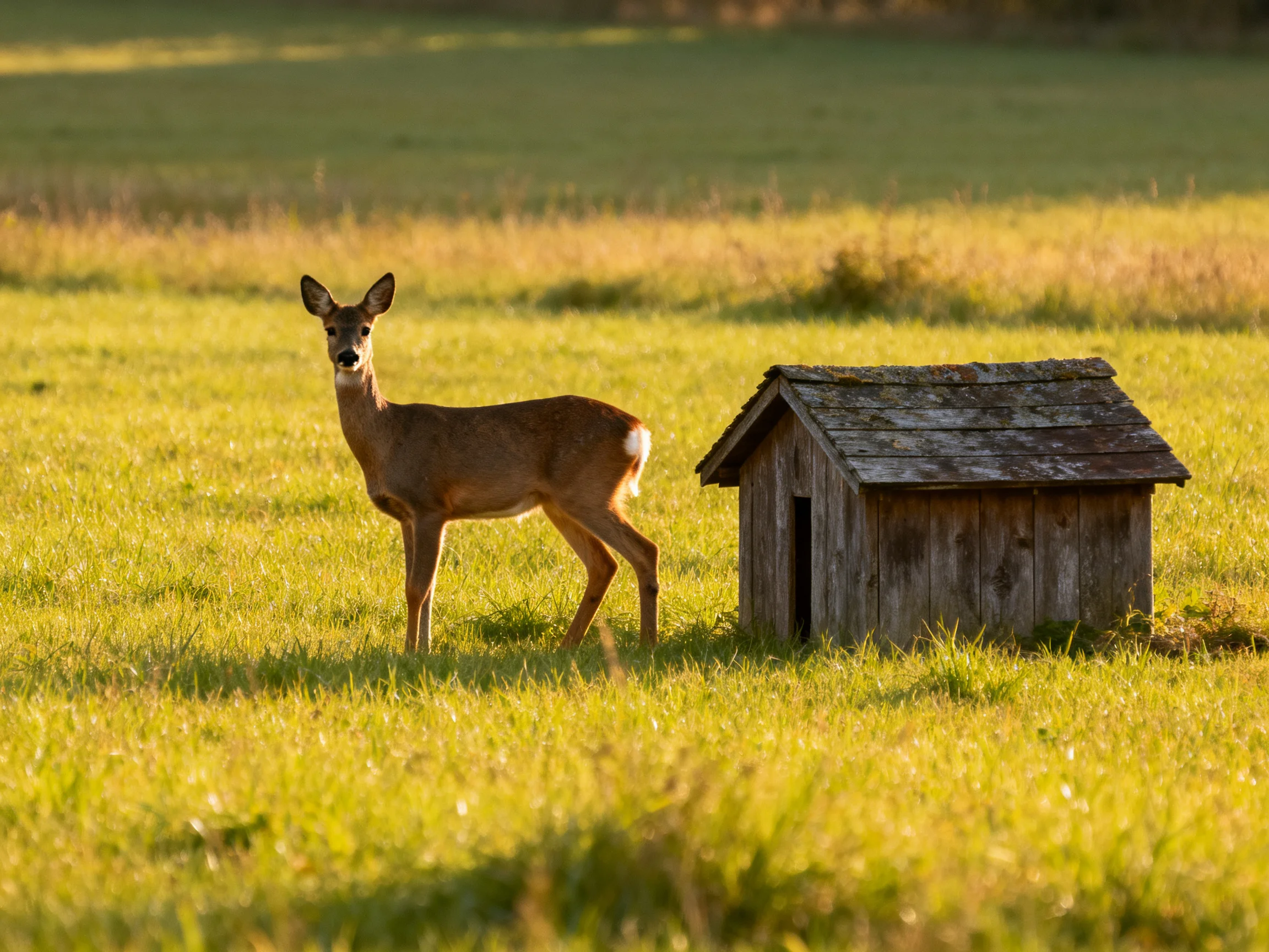 A deer stands beside an aged wooden structure in a sunlit grassy field.