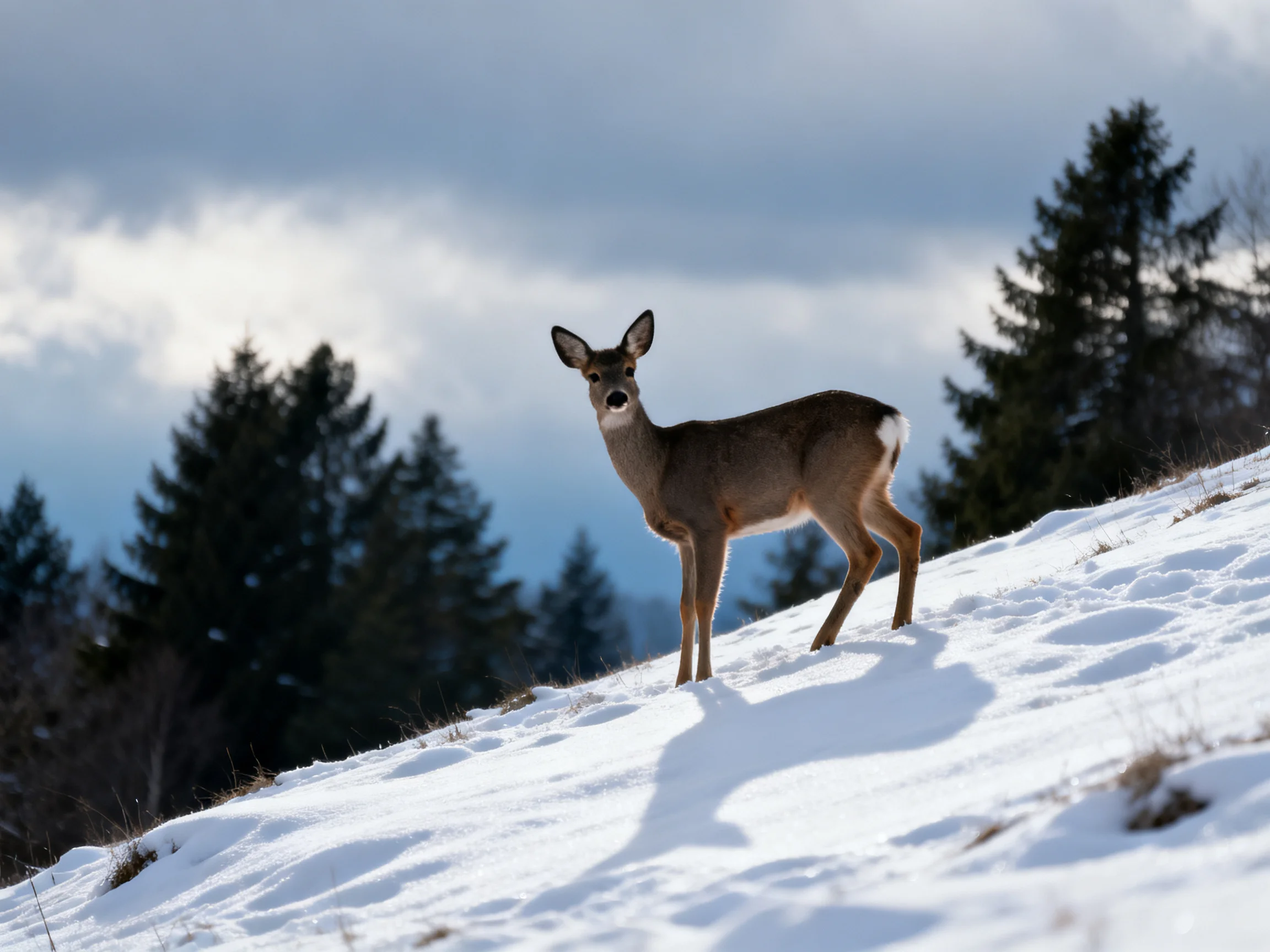 A deer stands on a snowy hillside with evergreen trees in the distance.
