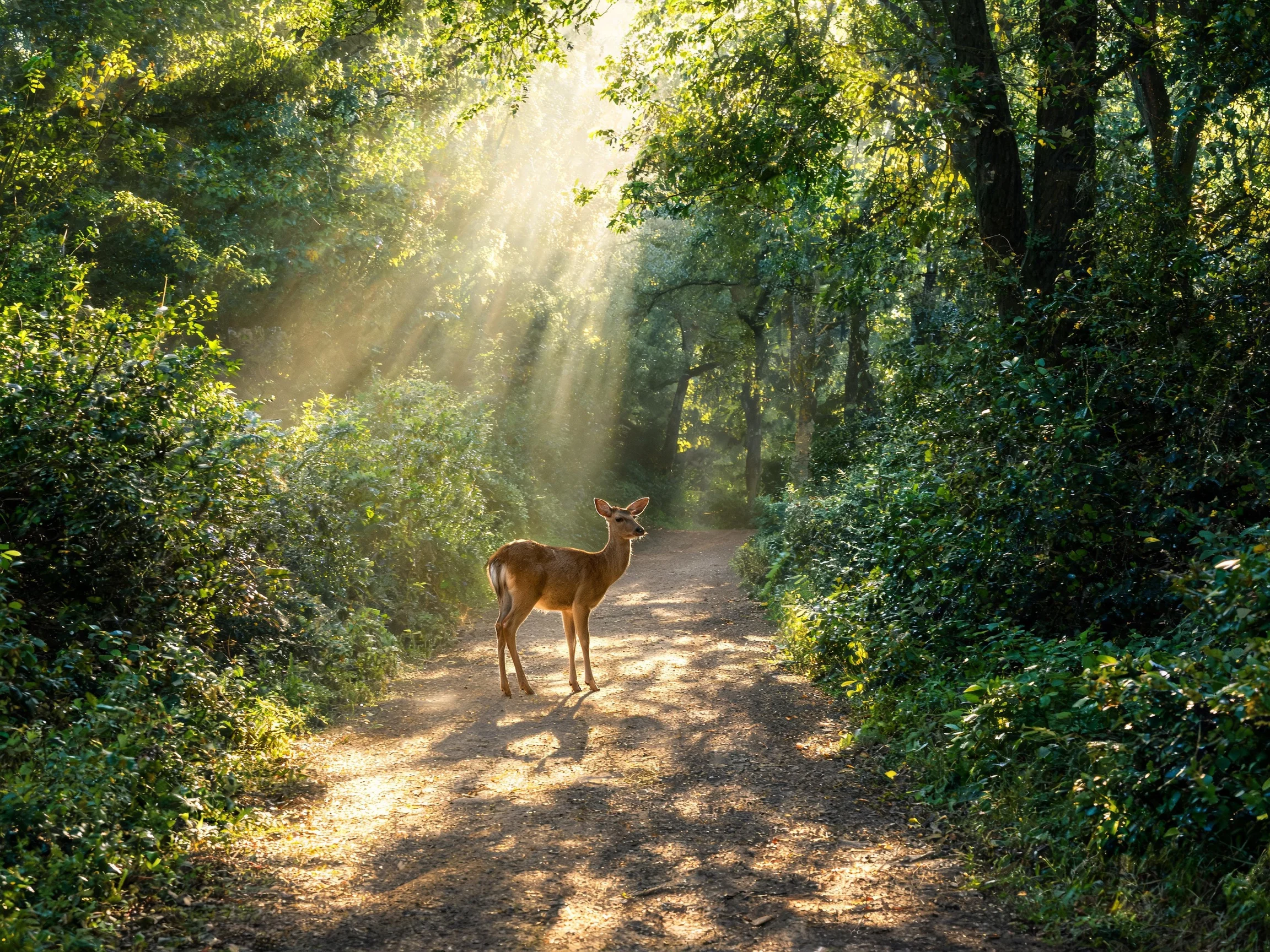 A deer pauses on a sun-dappled forest trail surrounded by dense vegetation.