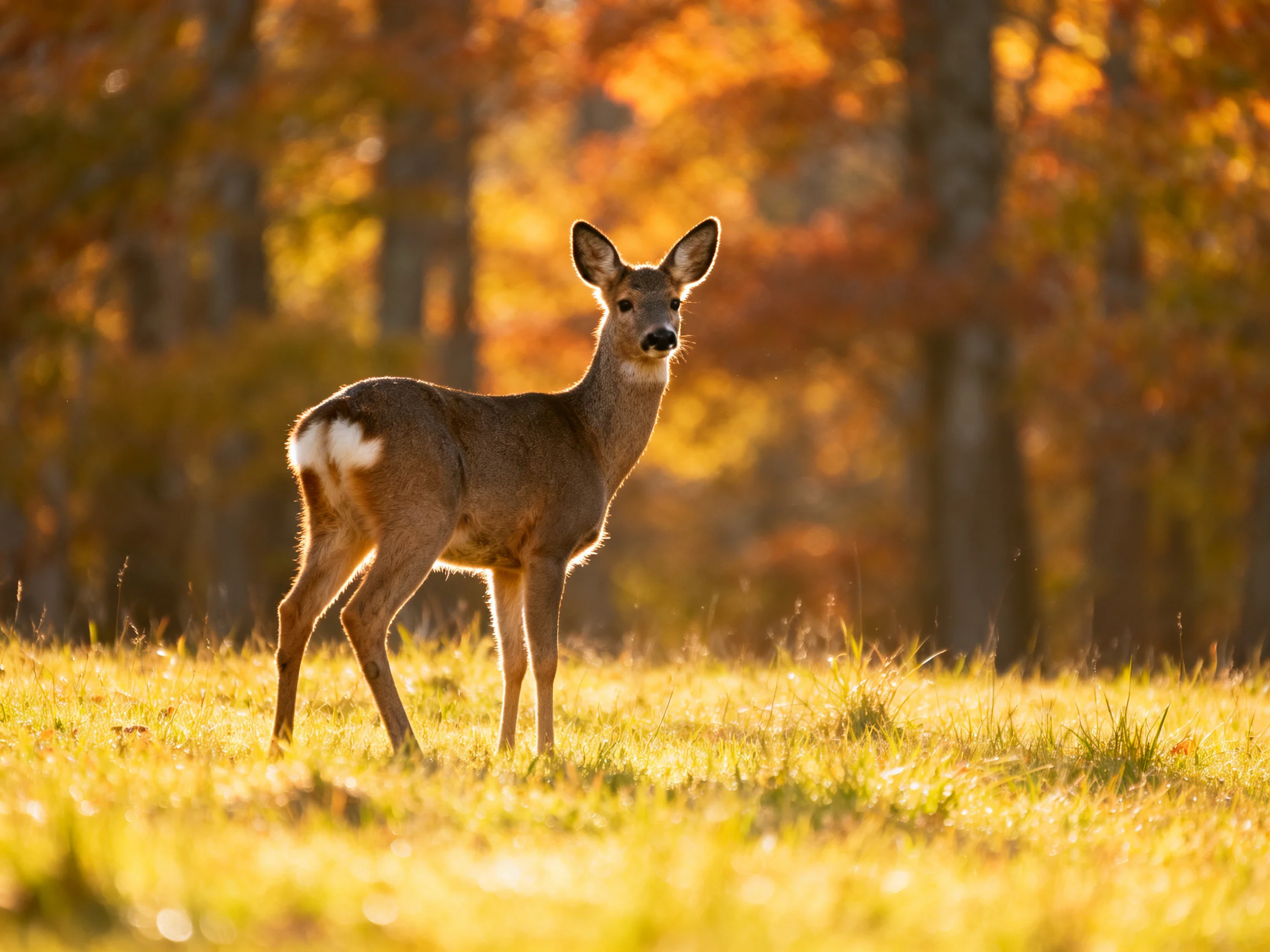 A deer with a white rump in a sun-drenched autumn forest clearing