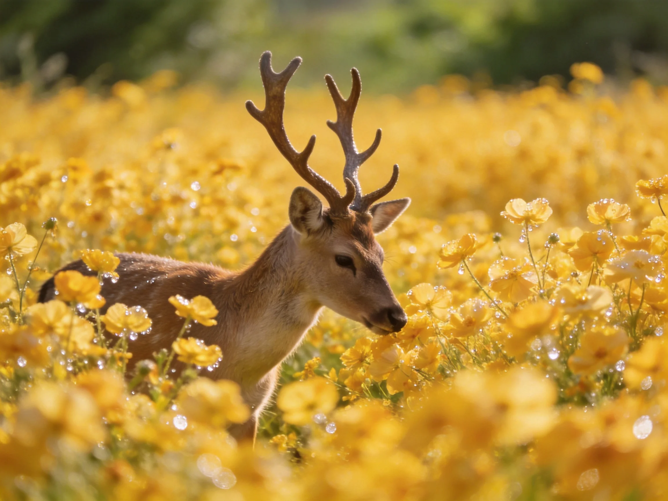 A deer with antlers among golden flower fields