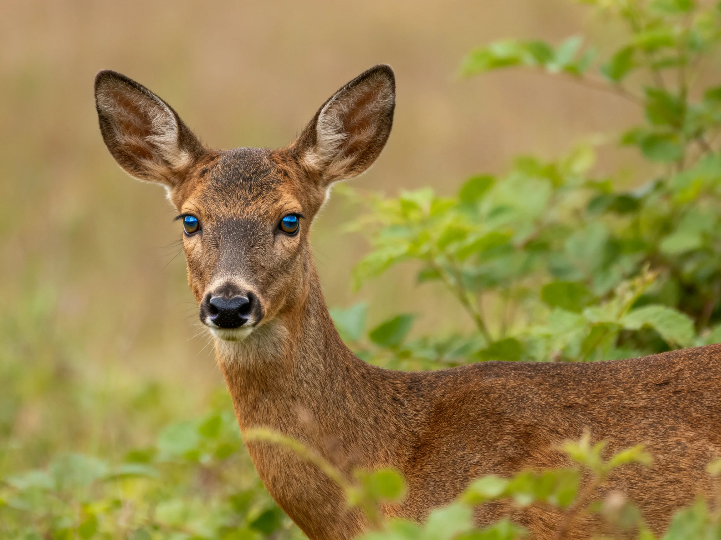 A deer with bright blue eyes in lush greenery