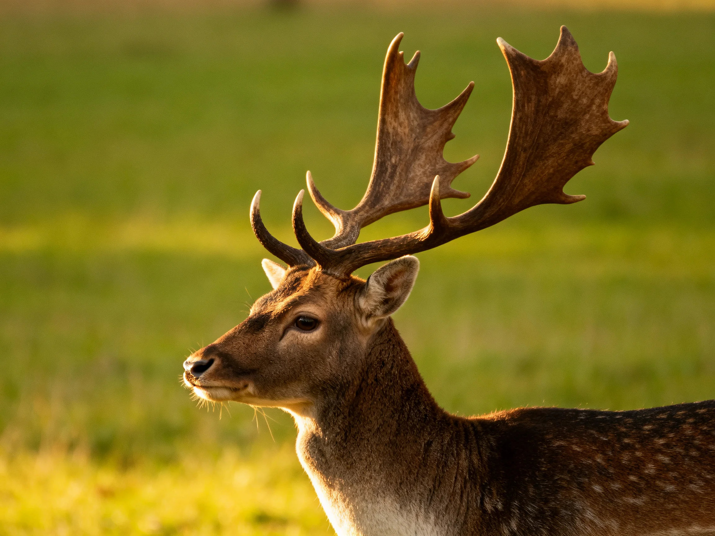 A deer with broad antlers stands in a sunlit green meadow