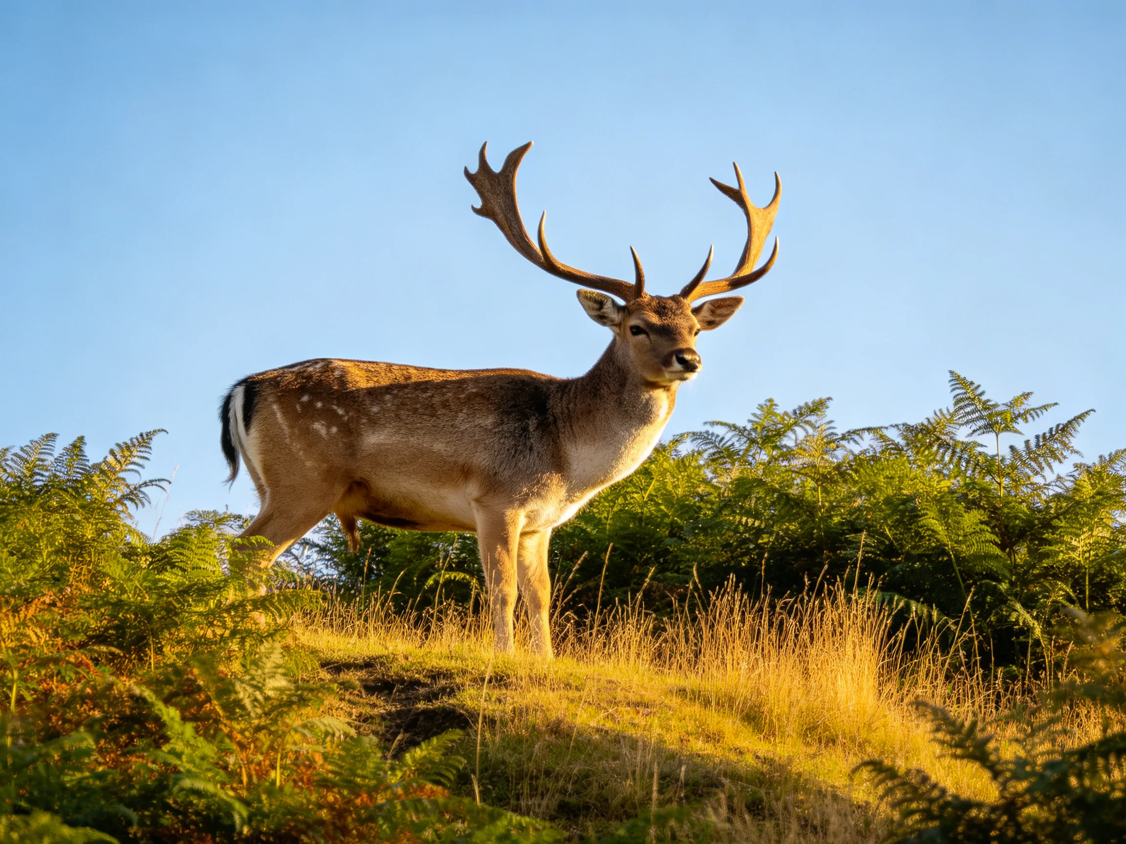 A deer with broad antlers stands in a sunlit area with surrounding vegetation.