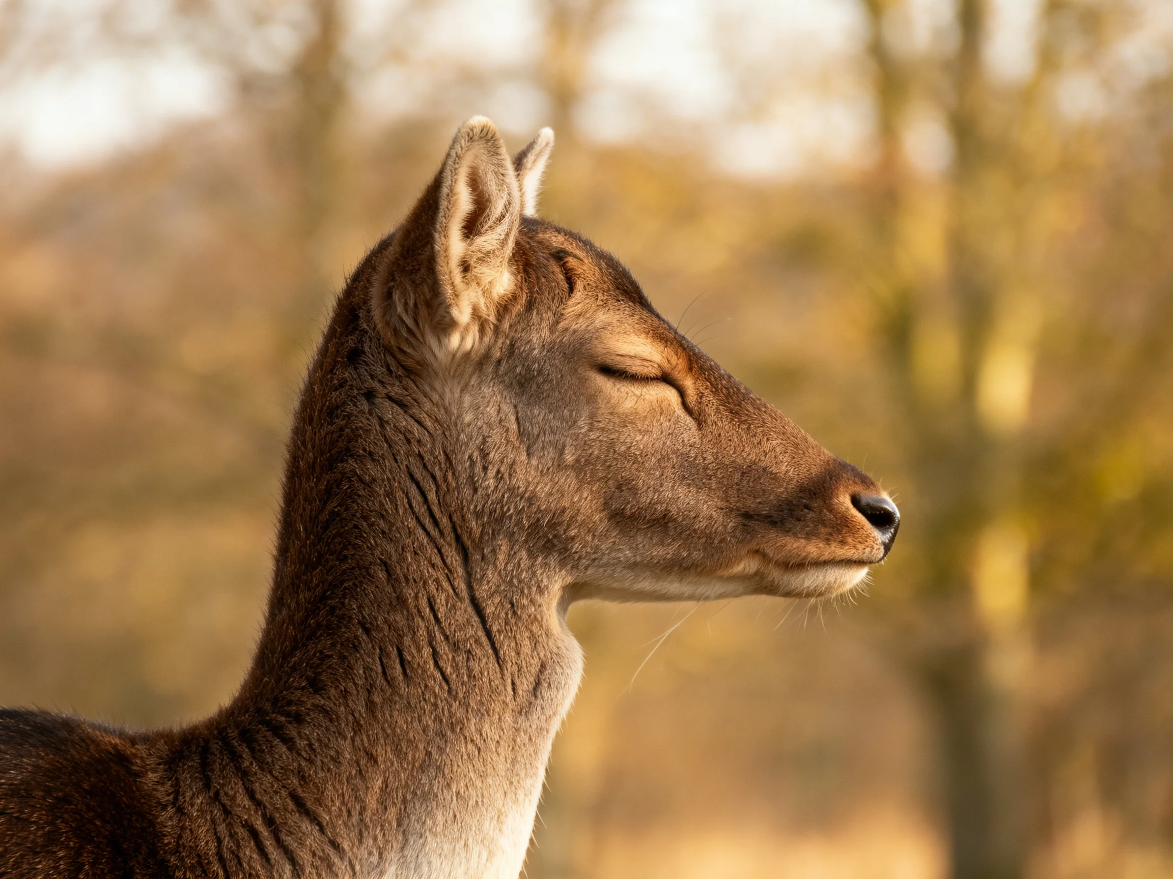 A deer with closed eyes in a sunlit golden forest